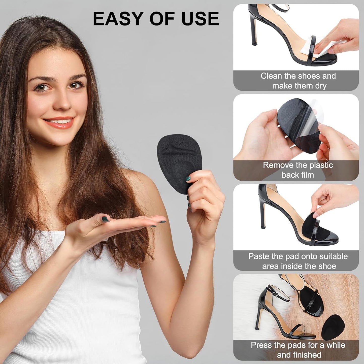 Ball of Foot Cushions, Metatarsal Pads Women, High Heels Non-Slip Comfort Pads, Shoe Support for Metatarsalgia Mortons Neuroma Pain Relief (2 Pairs,Black)