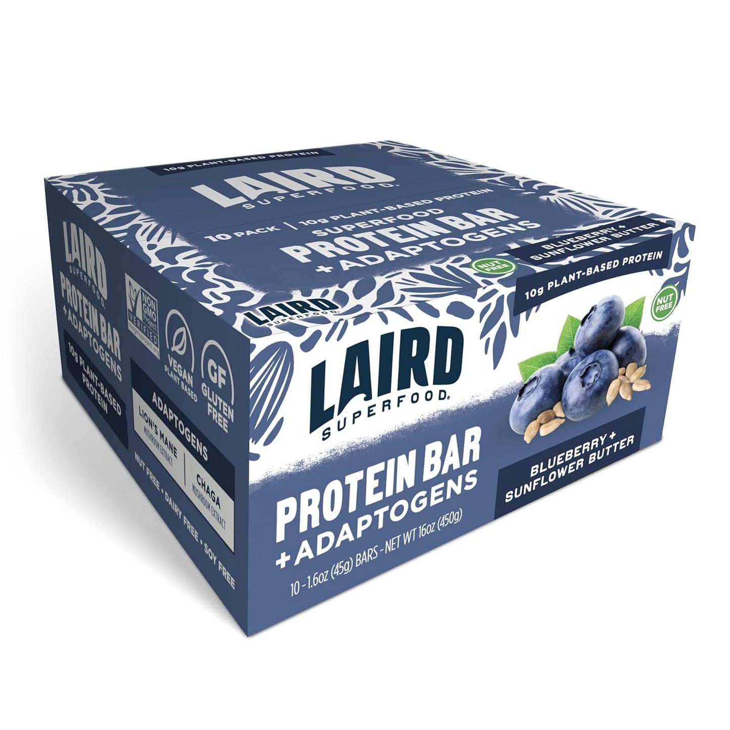 Laird Superfood Functional Protein Bars, Protein Bar but Better with Real Ingredients, Functional Mushrooms 10g Plant-Based Protein, 6g Fiber, Blueberry Sunflower Butter, 10 Count (Pack of 1)