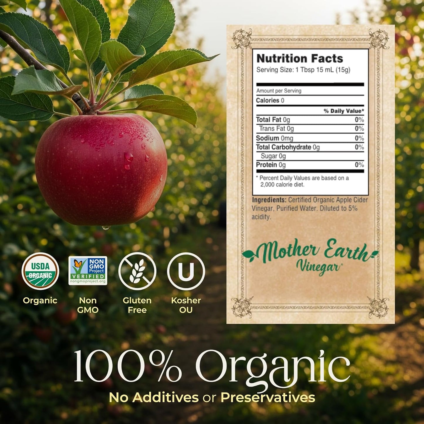 Mother Earth, Organic Apple Cider Vinegar with The Mother, Half Gallon, Fresh Pressed Organic Apples, OACV, ACV, Raw, Unpasteurized, Unfiltered (1/64oz Bottle)