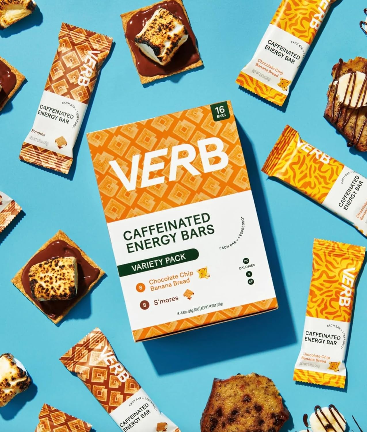 Verb Caffeinated Energy Bars Variety Pack - 2 Delicious Flavors (26g, Pack of 16) 110-Calorie Delicious Low Sugar Energy Bar, Vegan & Gluten Free On-the Go Snack with 80mg Green Tea Caffeine
