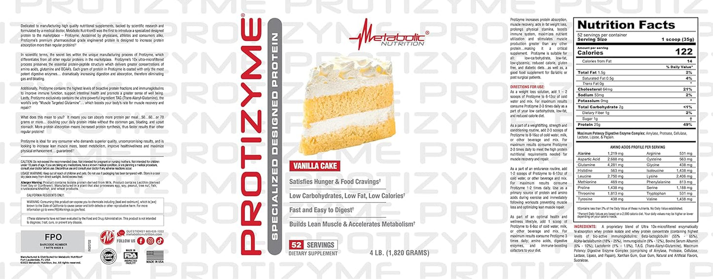Metabolic Nutrition, Protizyme, 100% Whey Protein Powder, High Protein, Low Carb, Low Fat Whey Protein, Digestive Enzymes, 24 Essential Vitamins and Minerals, 4 Pound (52 ser)