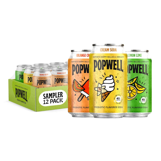 Popwell Caffeinated Variety Pack Better-For-You Prebiotic Soda, with 6g Fiber, 1g Sugar, Vitamins and Immunity Support, 12 fl oz, 12 count (Orange Cream, Lemon Lime, Cream Soda)