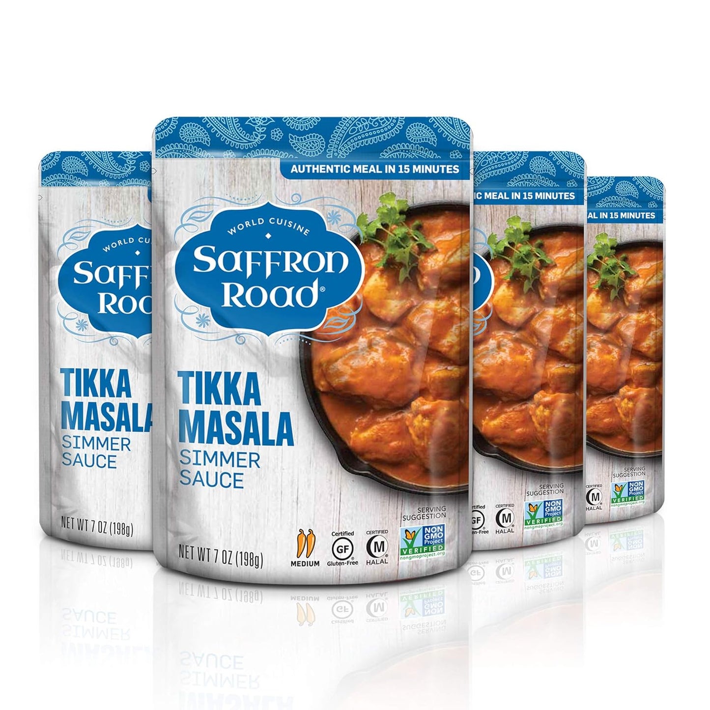 Saffron Road Tikka Masala Simmer Sauce | Globally Inspired Simmer Sauce | Gluten-free, Vegetarian, Non-GMO, and Certified Halal and Kosher | 7.0oz Pouch | Pack of 4
