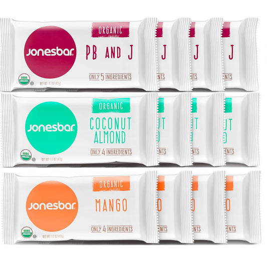 JONESBAR Fruit Lovers (12 Count (Pack of 1)), USDA Organic Fruit & Nut Bar, Non-GMO, Kosher, Vegan, Gluten Free, Simple Snack Bar