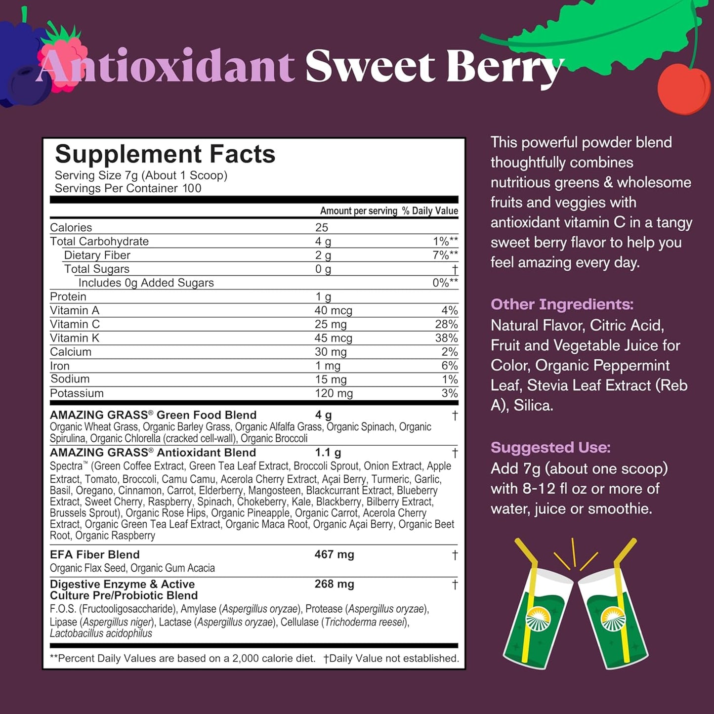 Amazing Grass Greens Superfood Antioxidant: Greens Powder with Organic Spirulina, Beet Root Powder, Elderberry & Probiotics, Sweet Berry, 100 Servings (Packaging May Vary)