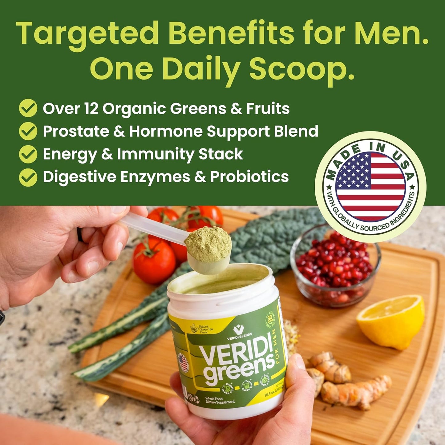 Veridi Greens for Men 40+ | Daily Superfood Greens Powder for Prostate Health, Hormone & Energy Support | Premium USA Blend with Spirulina, Saw Palmetto, Zinc & Enzymes