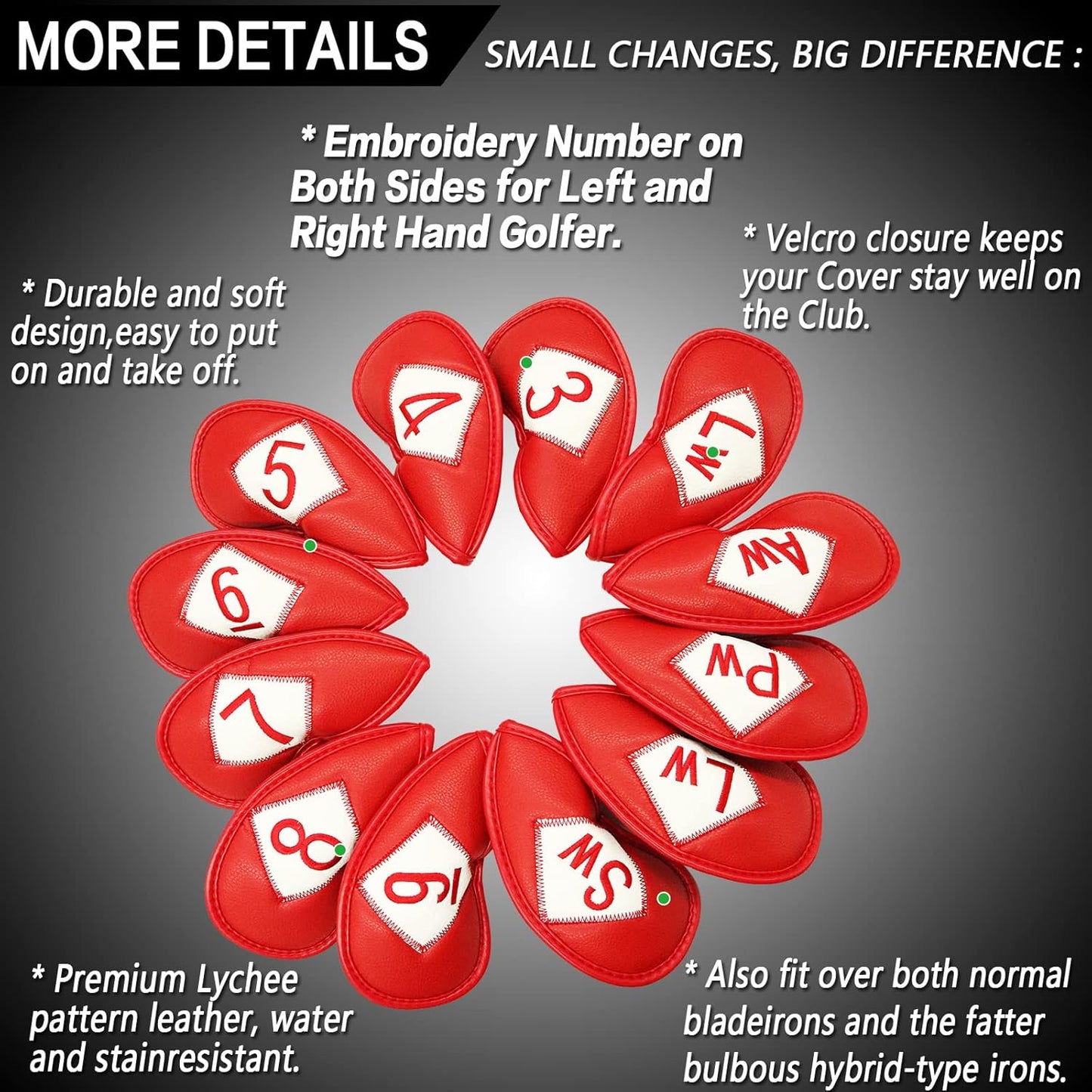 FINGER TEN Premium Synthetic Leather Stylish Iron & Wedge Golf Head Covers Value 12 Piece Set, Embroidered Labels & Fits Most Clubs Gift Set, Travel Protection Accessories