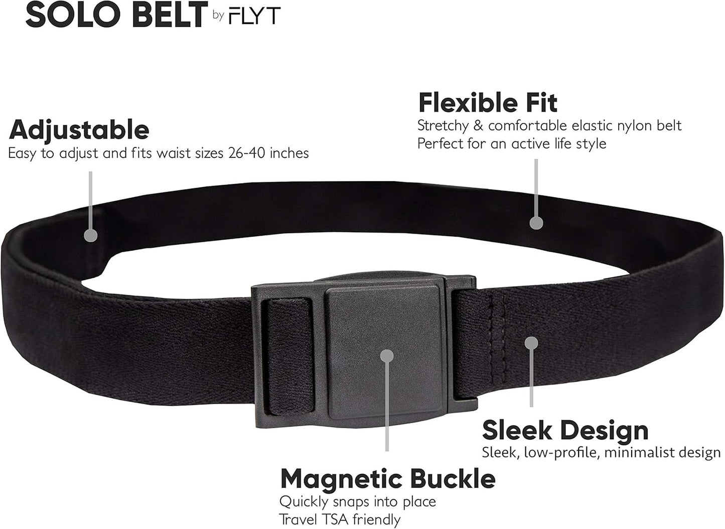 FLYT Solo Belt - Minimalist Web Nylon Belt with Quick-Release Magnetic Plastic Buckle, TSA Friendly