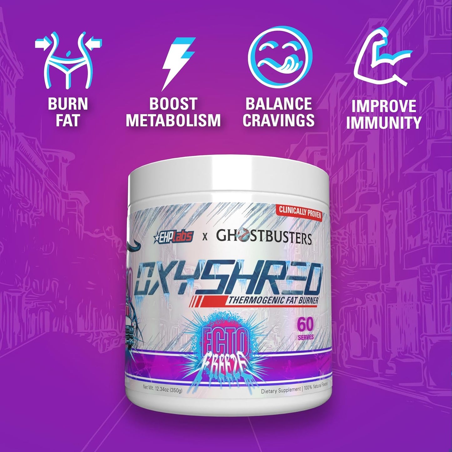 EHP Labs x Ghostbusters OxyShred Pre Workout Powder Supplement - Preworkout Powder with Acetyl L Carnitine, Energy Boost Drink - Ecto Freeze, 60 Servings