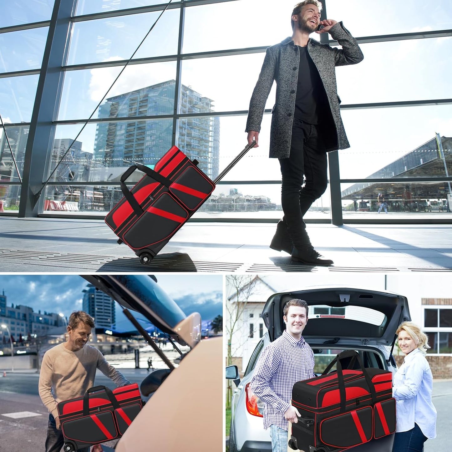 4 Ball Bowling Bag with Wheels, Bowling Bag 4 Ball Roller with Multi-pocket & Shoe Compartment & Retractable Handle, 3 Ball Roller Bag + 1 Ball Color Matching Add On Tote