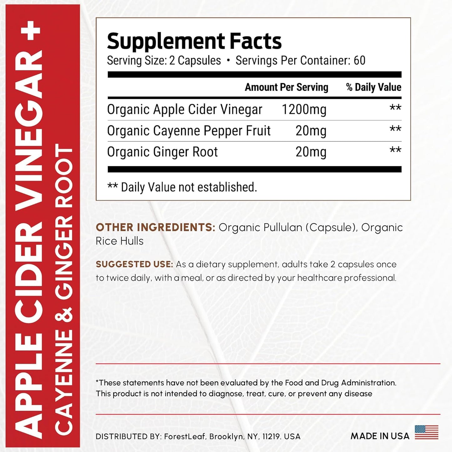 Organic Apple Cider Vinegar Capsules 1200mg – Supports Metabolism, Detox, Digestion, Gut Health – USDA Organic Apple Cider Vinegar Pills with Cayenne Pepper & Ginger Root – 120 Caps – by Forest Leaf