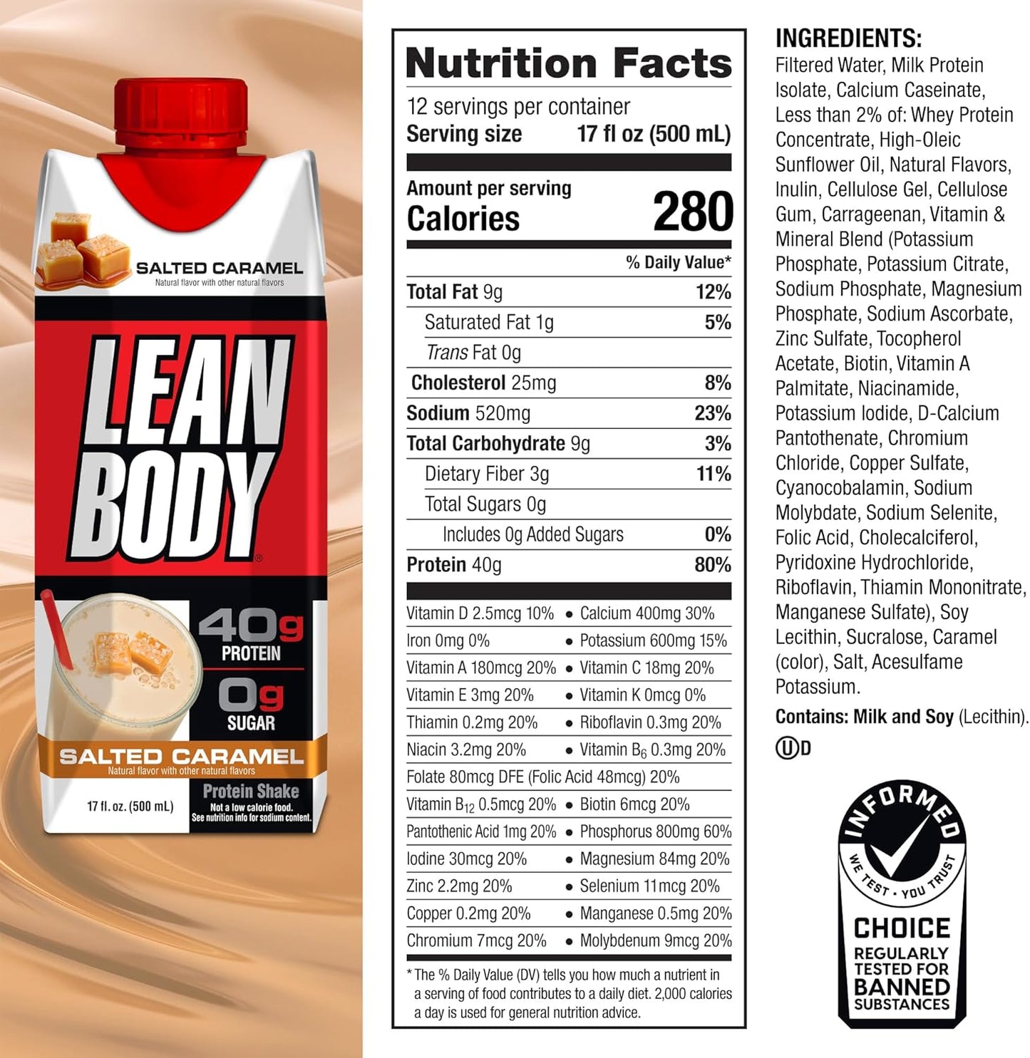 Lean Body Ready-to-Drink Salted Caramel Protein Shake, 40g Protein, Whey Blend, 0 Sugar, Gluten Free, 22 Vitamins & Minerals, 17 Fl Oz (Pack of 12)