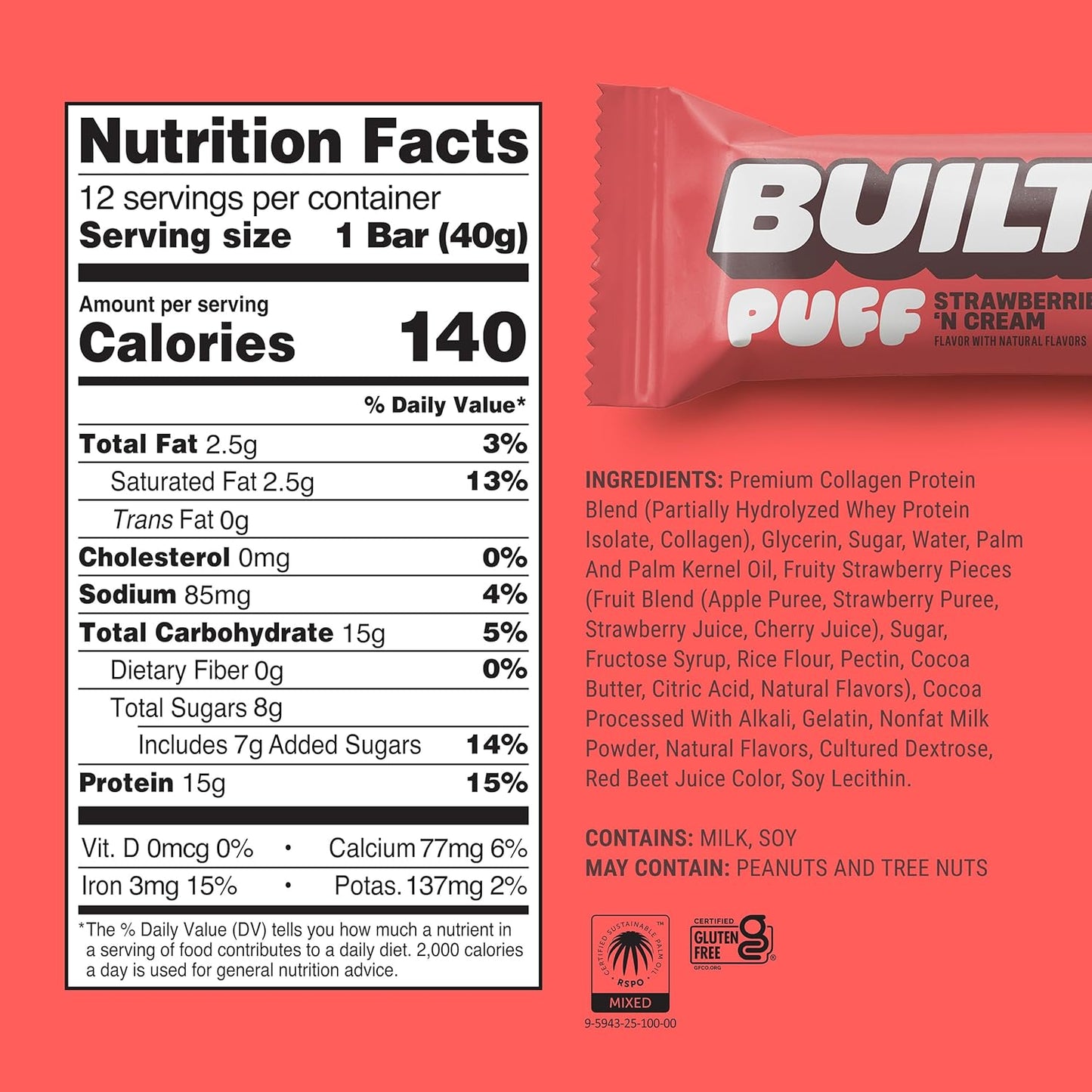 Built Bar, Puff Protein Bars, Strawberries 'N Cream Puff, 15g Protein Snacks, On-The-Go Bars, Only 140 Calories, 8g Sugar, Collagen, Gluten Free, 12 Count