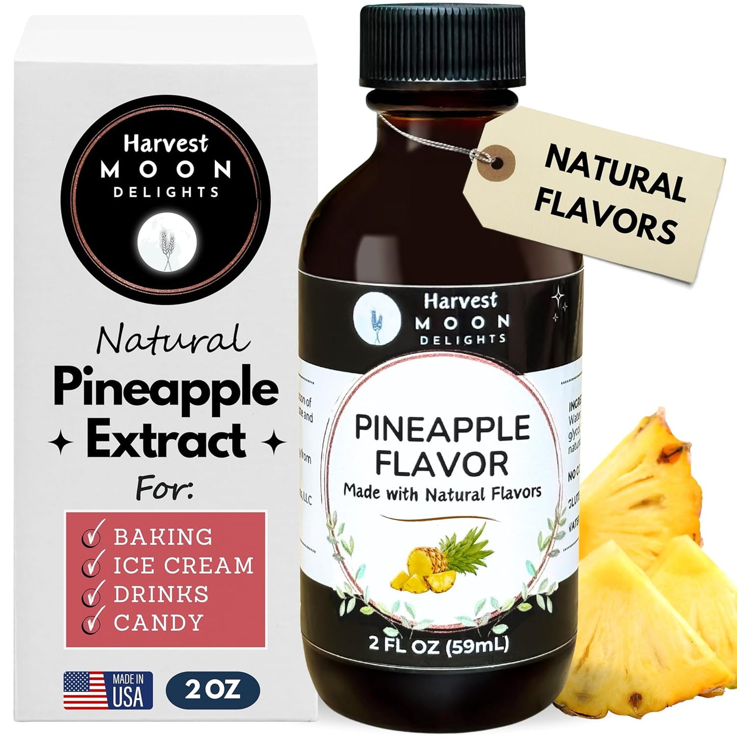 Natural Pineapple Extract - 2 oz - Water-Soluble - By Harvest Moon Delights - Pineapple Extract for Baking, Ice Cream, Drinks, and Candy - Flavoring, Flavor, Sugar-Free,