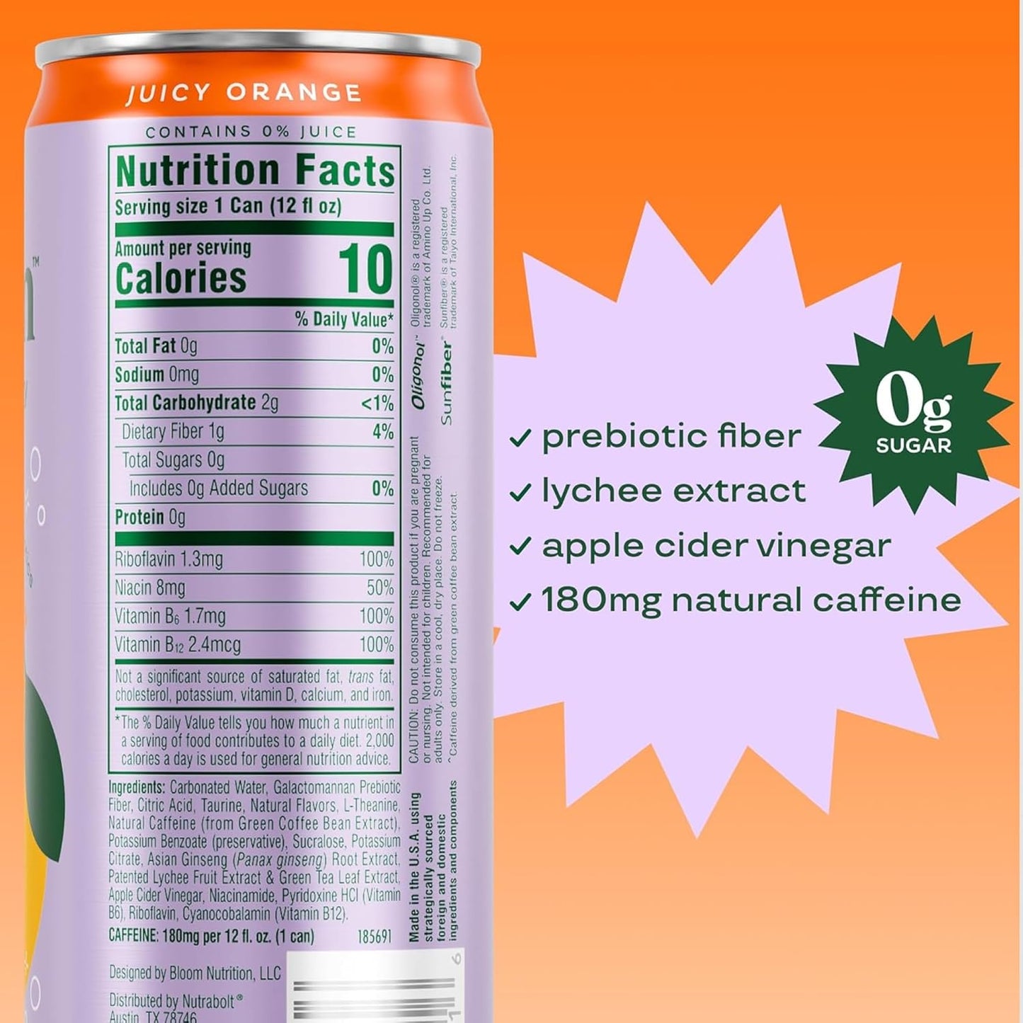 Bloom Nutrition Sparkling Energy Drink - Natural Caffeine, Zero Sugar, 180mg Caffeine - Antioxidant-Rich with Green Coffee Bean, Green Tea Extract, Prebiotics - Orange - 12oz 24 Pack
