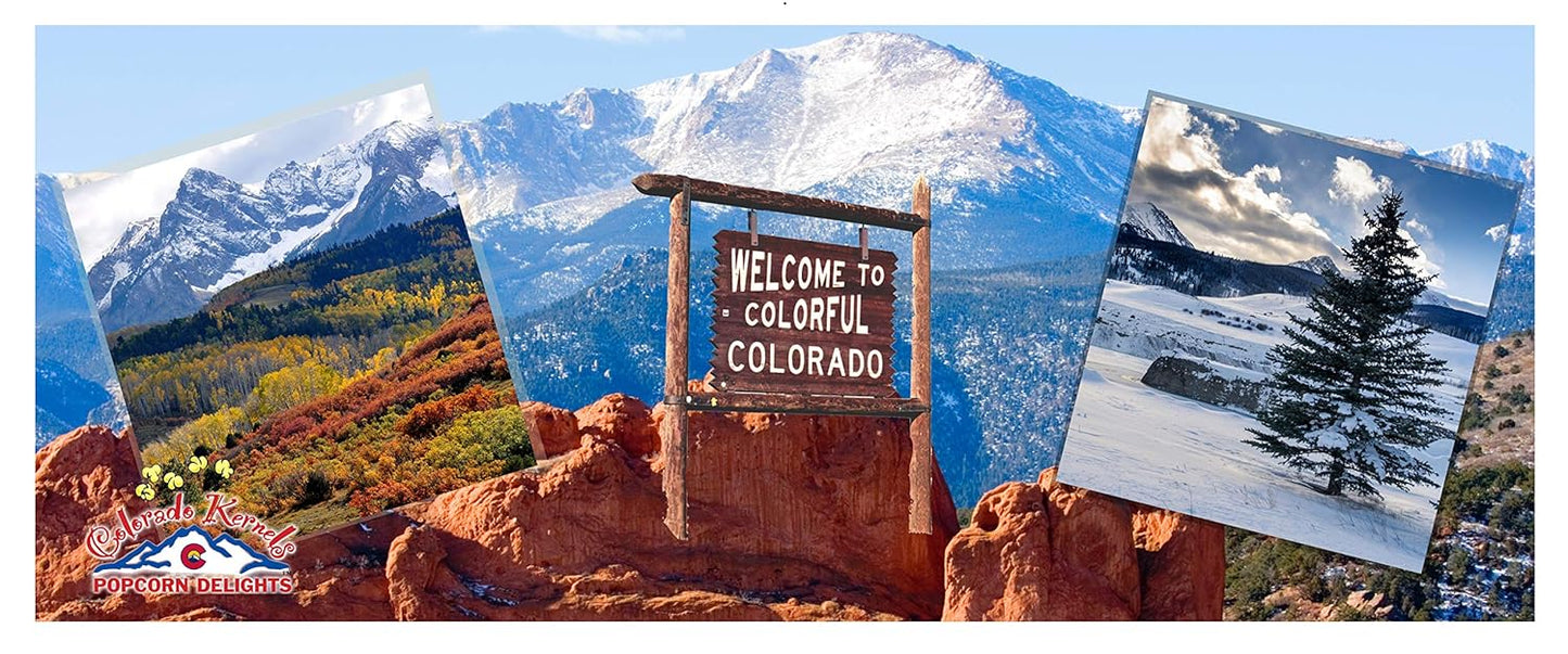 Popcorn by Colorado Kernels Popcorn Delights | 3.5 Gal CELEBRATE COLORADO MOUNTAINS Bucket | 6 lg resealable bags | Kettle Corn, Cheddar Cheese, Caramel Corn,Chocolate, Almonds/Pecans, Buffalo Ranch