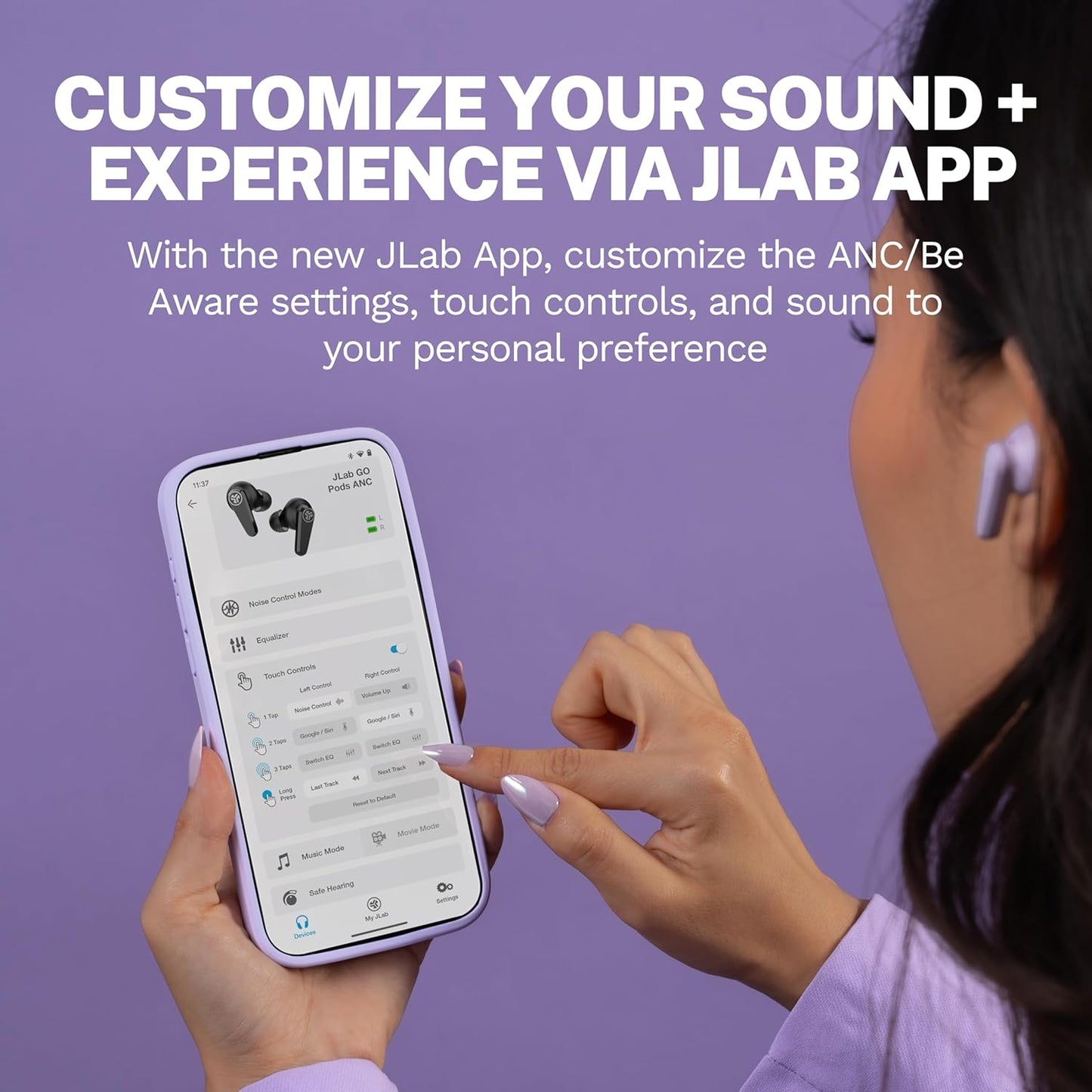 JLab Go Pods ANC True Wireless Bluetooth Earbuds & Charging Case, Hybrid Active Noise canceling + Be Aware for Safe Listening, 26+ Hours Total Playtime, Clear Calls, Custom Sound via App, Lilac