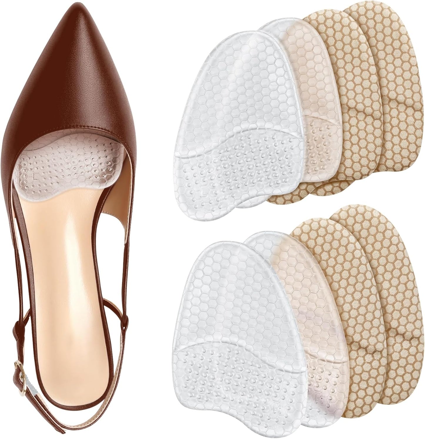 Metatarsal Pads for Women, Ball of Foot Cushions, Heel Inserts, High Heel Comfort Pads (2 Pairs), Anti Slip, Invisible Design