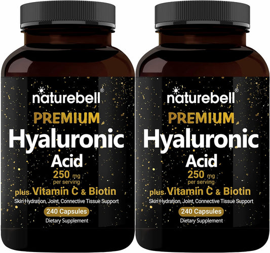 NatureBell 2 Pack Plant Based Hyaluronic Acid Supplements 250mg with 25mg Vitamin C & Biotin 5000mcg, 480 Total Capsules | Essential for Hair Growth, Joint Support, & Hydrating Skin | Non-GMO