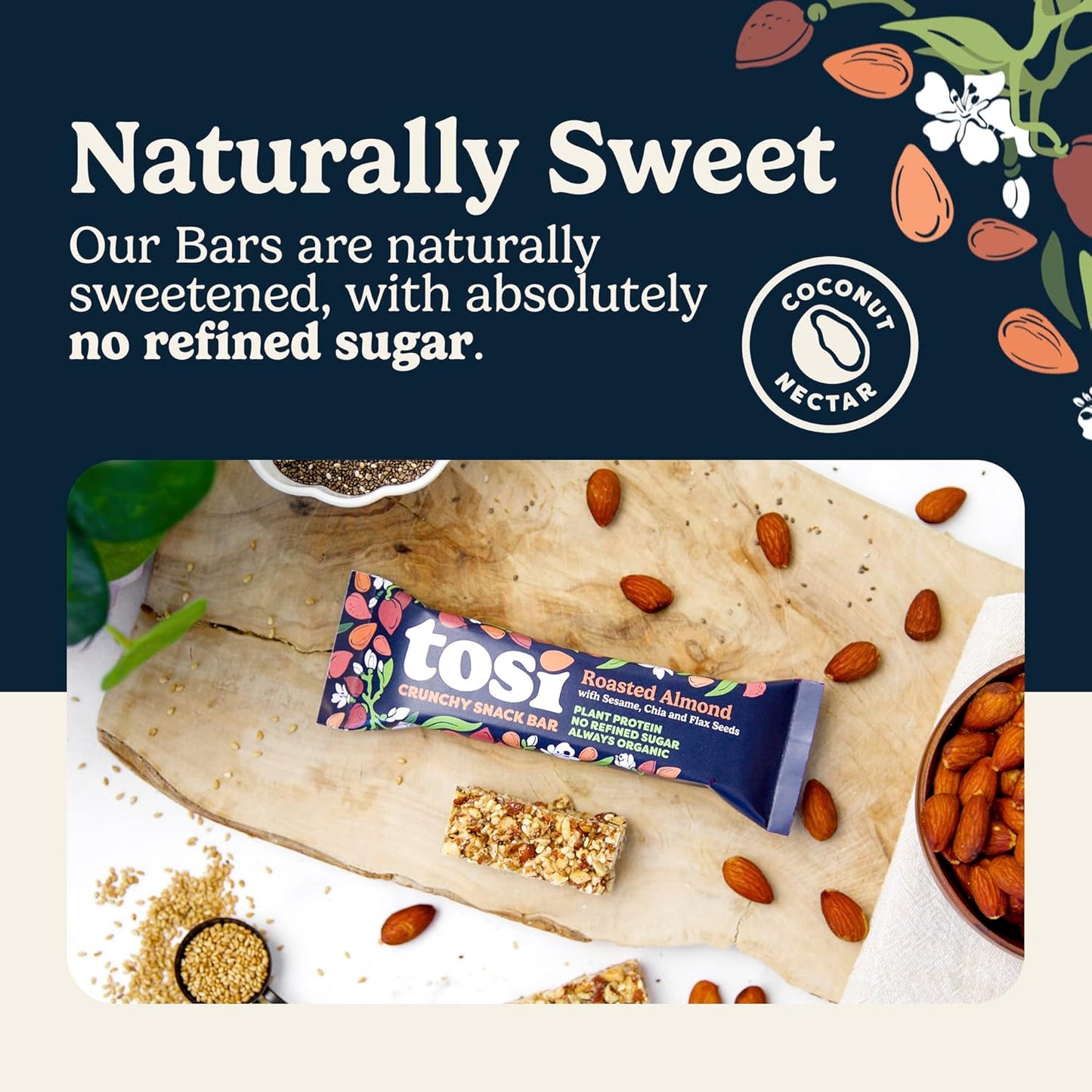 Tosi Almond Protein Bars, Plant Based with Nuts, Gluten-Free Crunchy Snacks, Vegan, Organic, Flax & Chia Seeds, Soy-Free, Omega 3s, 5G Protein, 1oz, 12-Pack