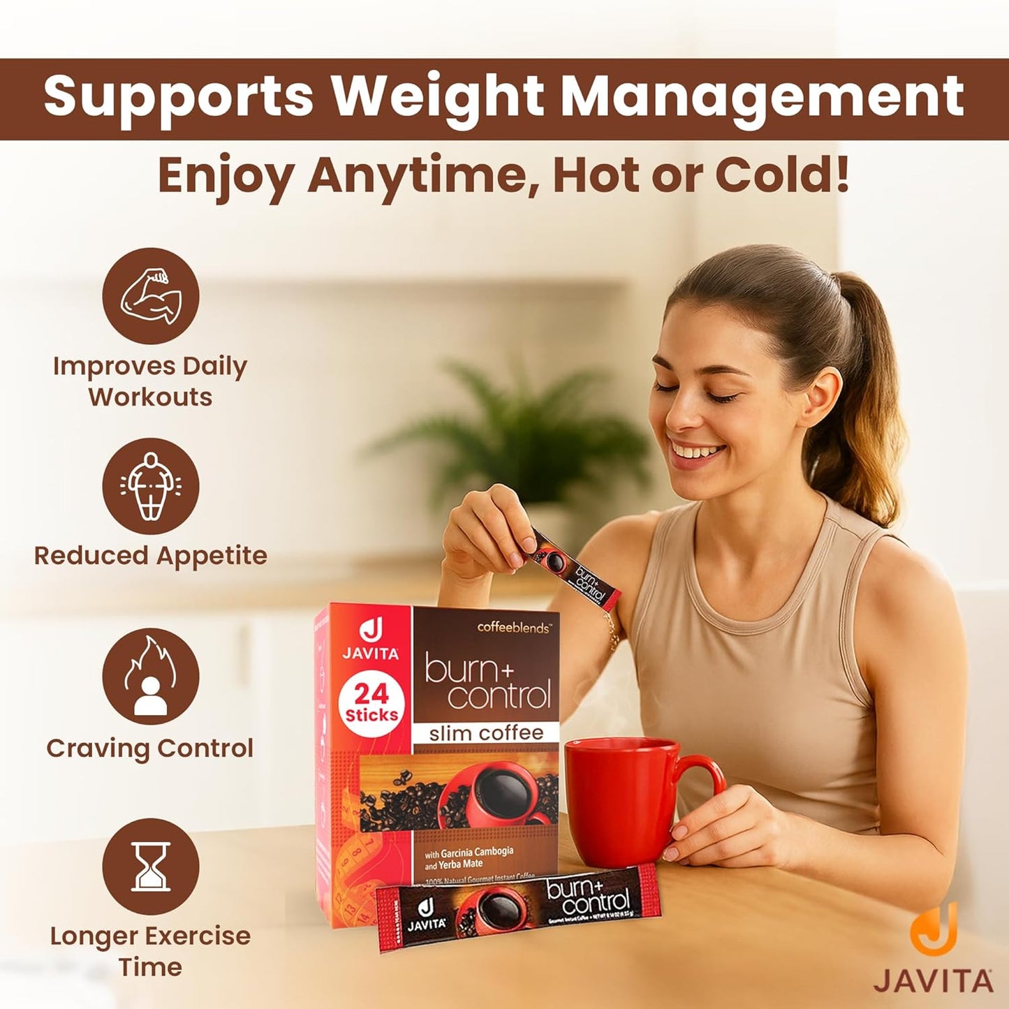 Javita Burn + Control Instant Coffee w Weight Management Herbs: Garcinia Cambogia & Yerba Mate - Slim Coffee with Help of Exercise, Keto Coffee for Diet Support, 1 box - 24 (4.55g) Sticks