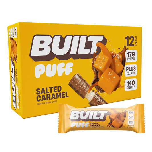 Built Bar, Puff Protein Bars, Salted Caramel Puff, 17g Protein Snacks, On-The-Go Bars, Only 140 Calories, 6g Sugar, Collagen, Gluten Free, 12 Count