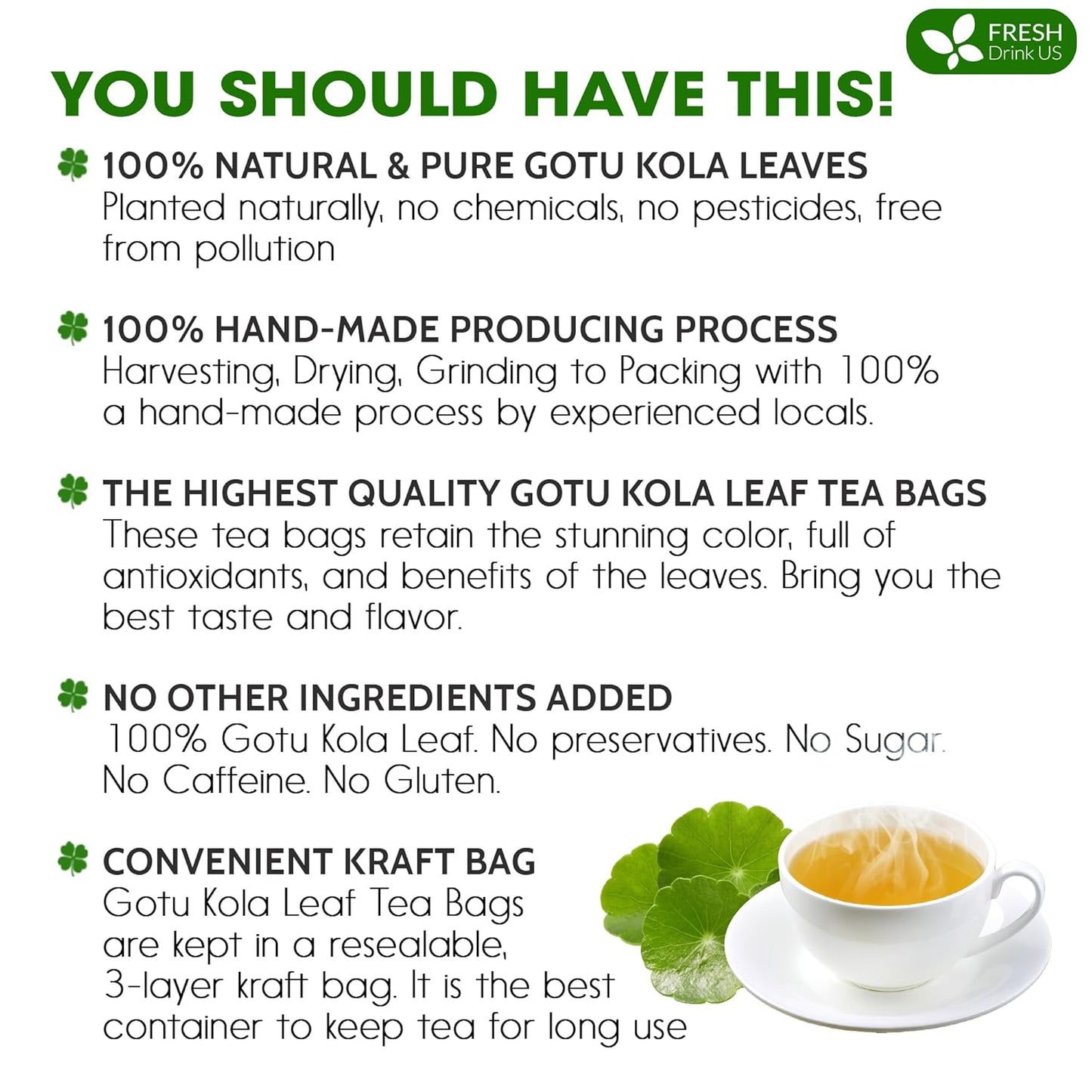 FreshDrinkUS, Premium Gotu Kola Leaf Tea – 40 Tea Bags | Pure Dried Centella Asiatica Leaves | Naturally Caffeine-Free Herbal Tea | Refreshing Aroma & Smooth Taste | Premium Herbal Infusion. Vegan