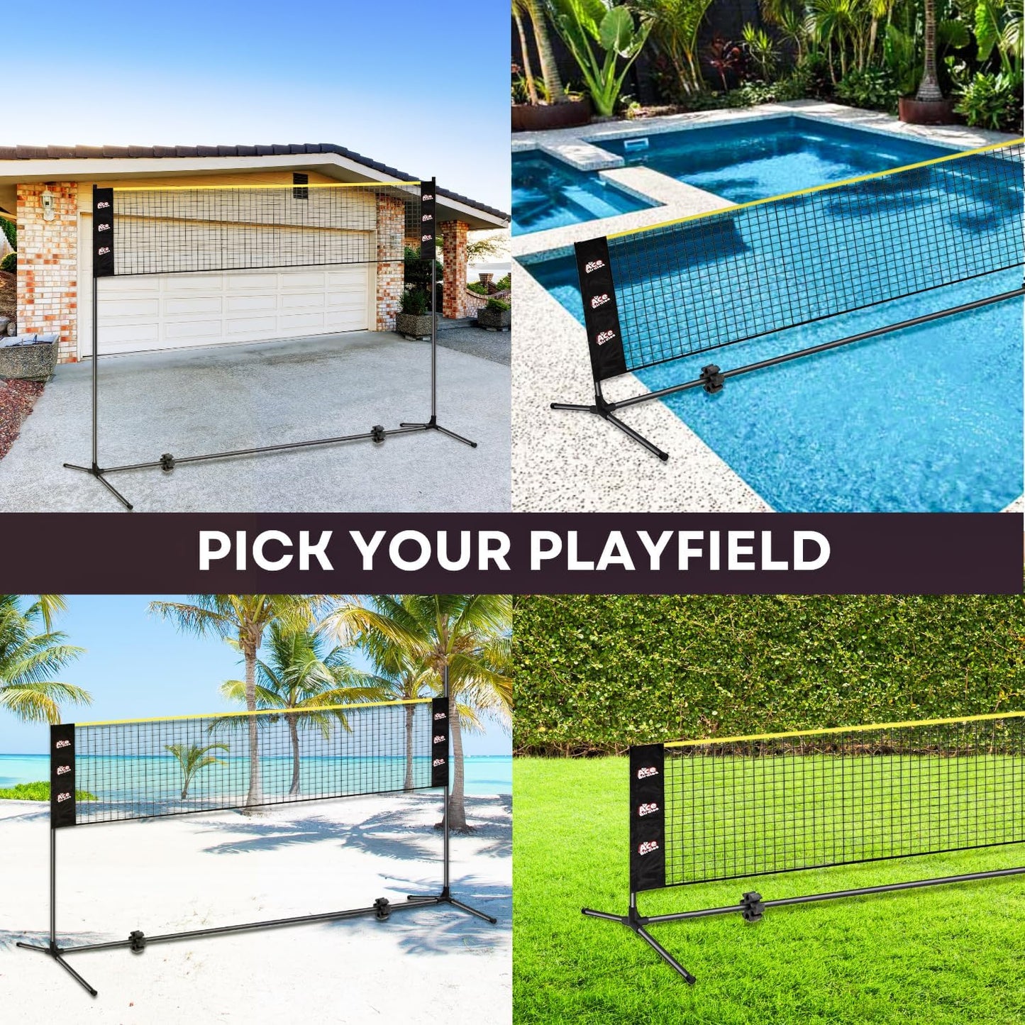 Complete Badminton Sets (10FT/17FT) Adjustable Width, Adjustable Height (2.8/5.1/7.4FT), Badminton Pickleball Volleyball Set with Net, 4Racket+4Paddels+Volleyball for Outdoor Family Game.