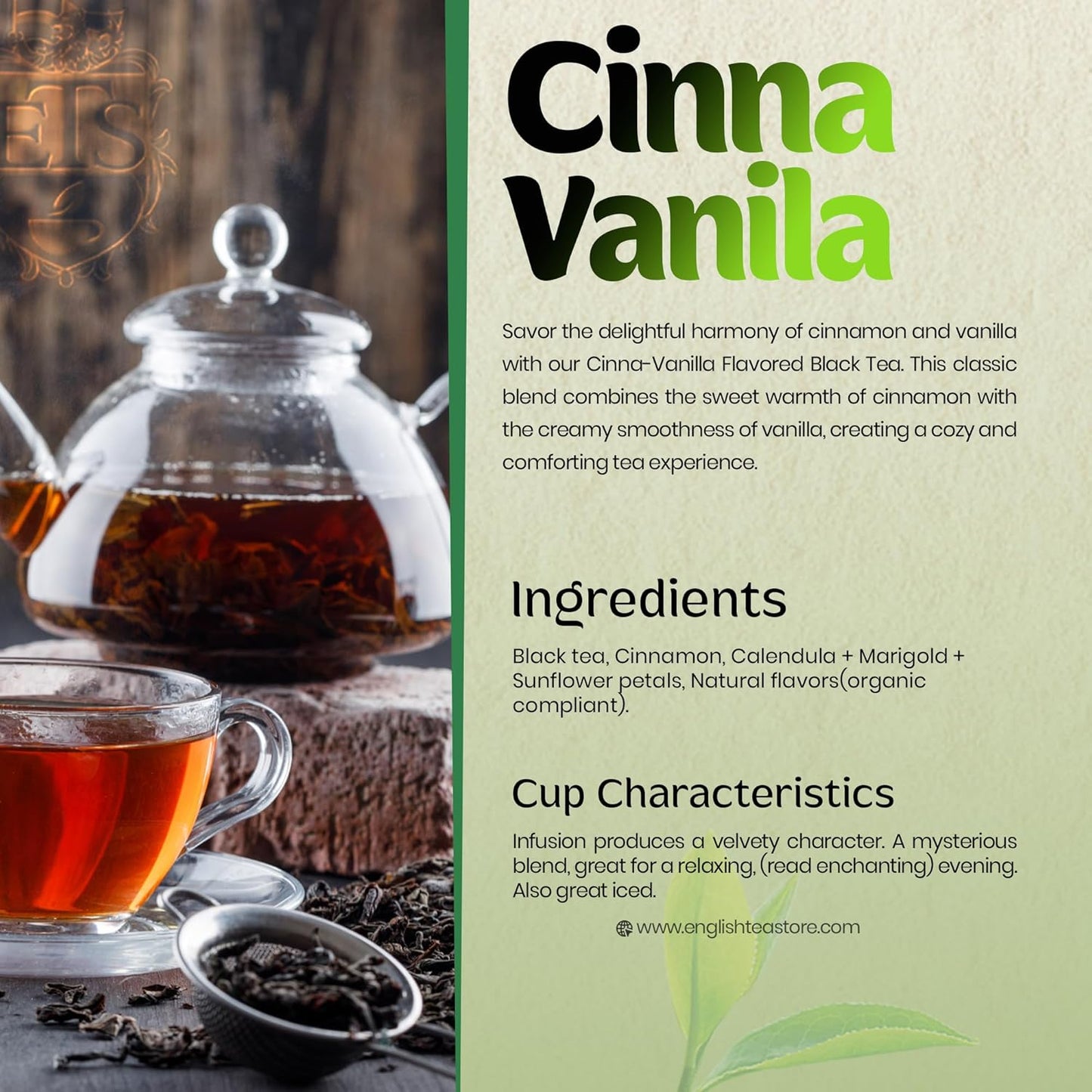 English Tea Store Cinna-Vanilla Flavored Black Tea | Loose Leaf Tea Pouches - 4oz Pouch | Warm Cinnamon and Creamy Vanilla Blend | Ceylon Tea Base | Cozy and Aromatic Cup | Serve Hot or Iced