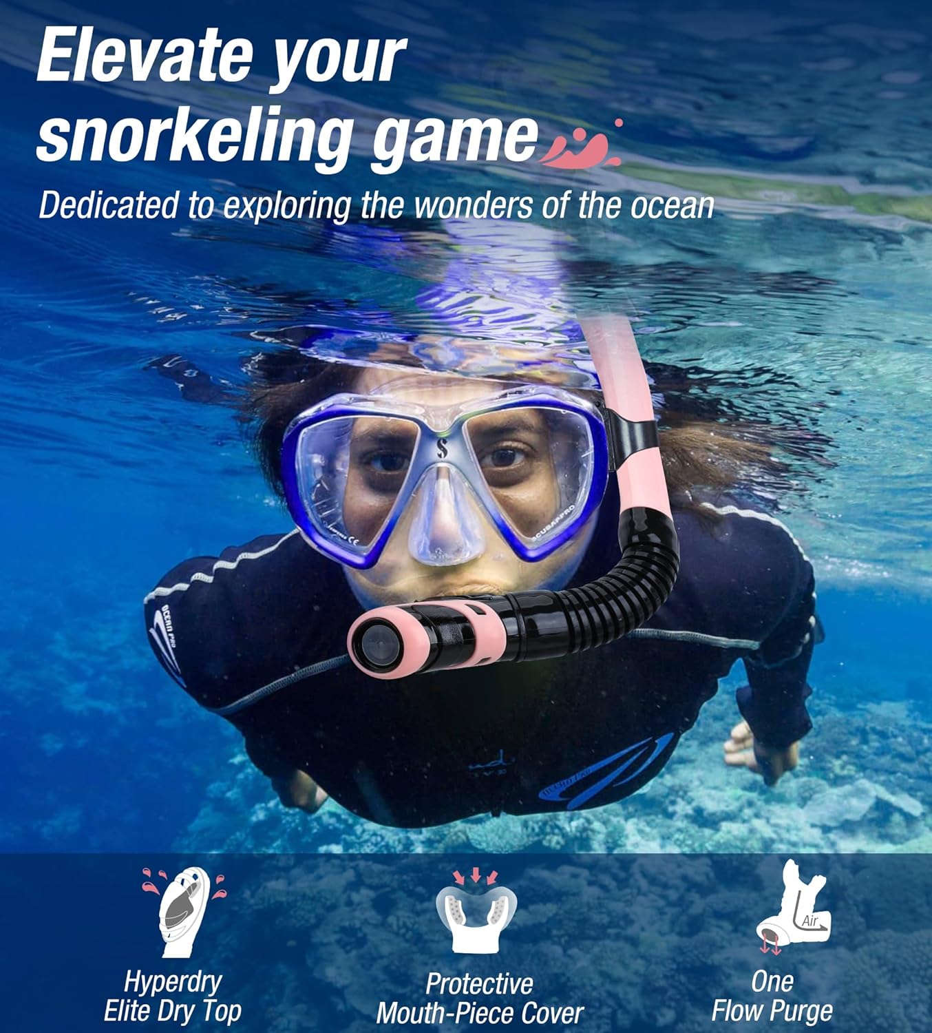 Aegend Dry Snorkel, Dive Mask Easy-Breath Free Diving Snorkel for Snorkeling Scuba Diving Freediving Swimming, with Top Dry Valve and Food-Grade Silicone Mouthpiece