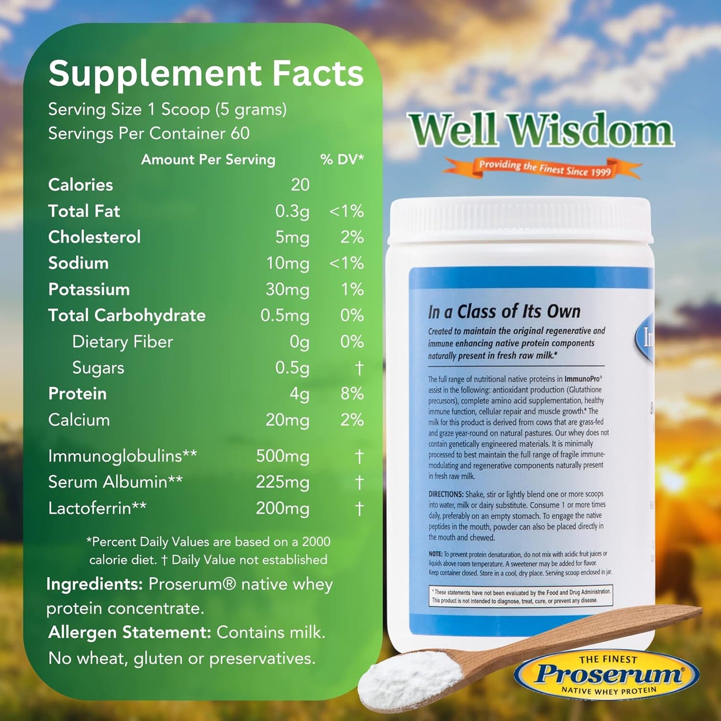 ImmunoPro The Finest Grass-Fed Whey Protein Powder 300g for Immune Systems Well Wisdom, Clean, Unflavored Whey Protein Powder Concentrate, Grassfed, Non-GMO, Hormone-Free