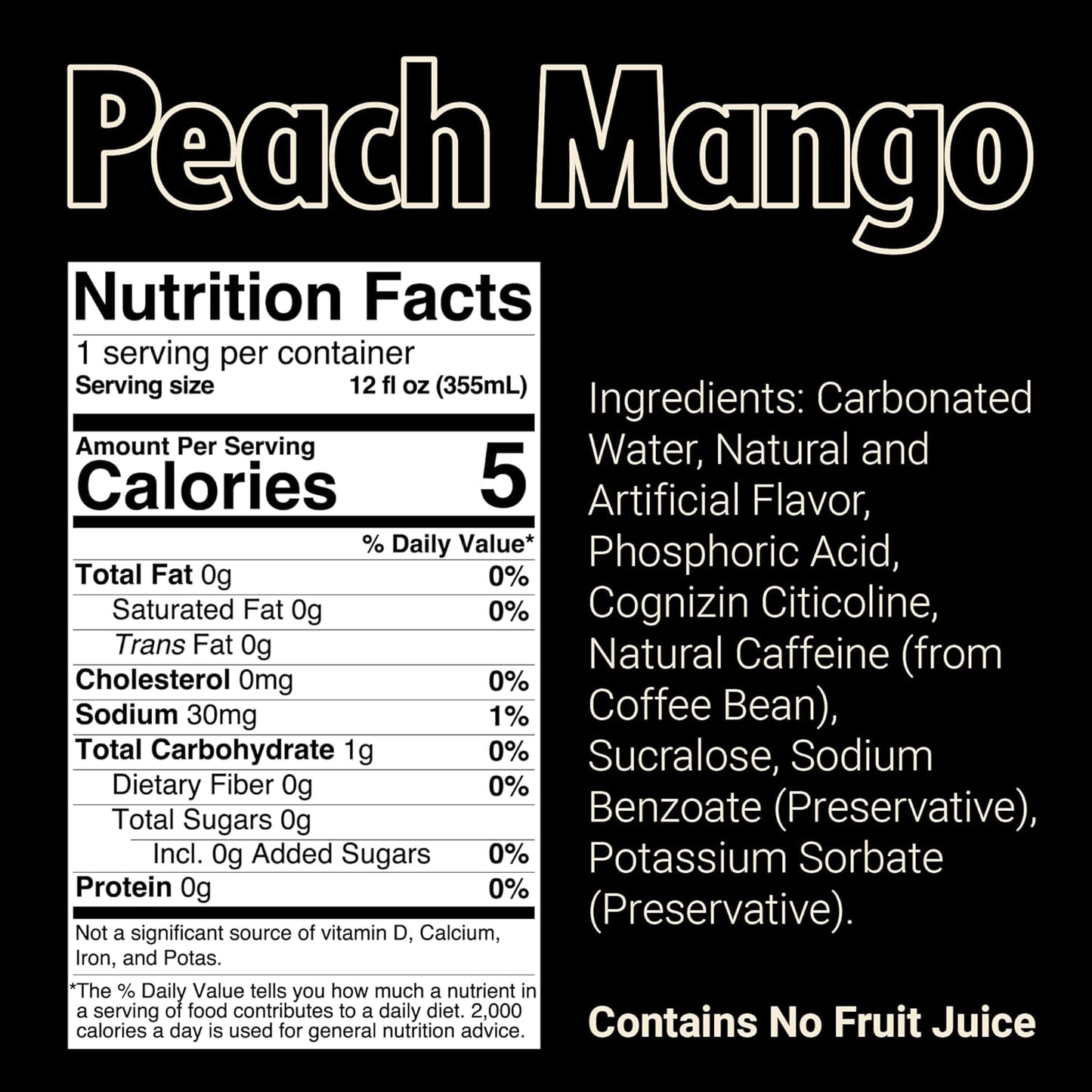 BUM Sugar-Free Energy Drink, Peach Mango - Lightly Carbonated & No Artificial Colors, Natural Caffeine & Citicoline for Energy & Focus, Brain Boost & Workout Sports Beverage - 12 oz, Pack of 12