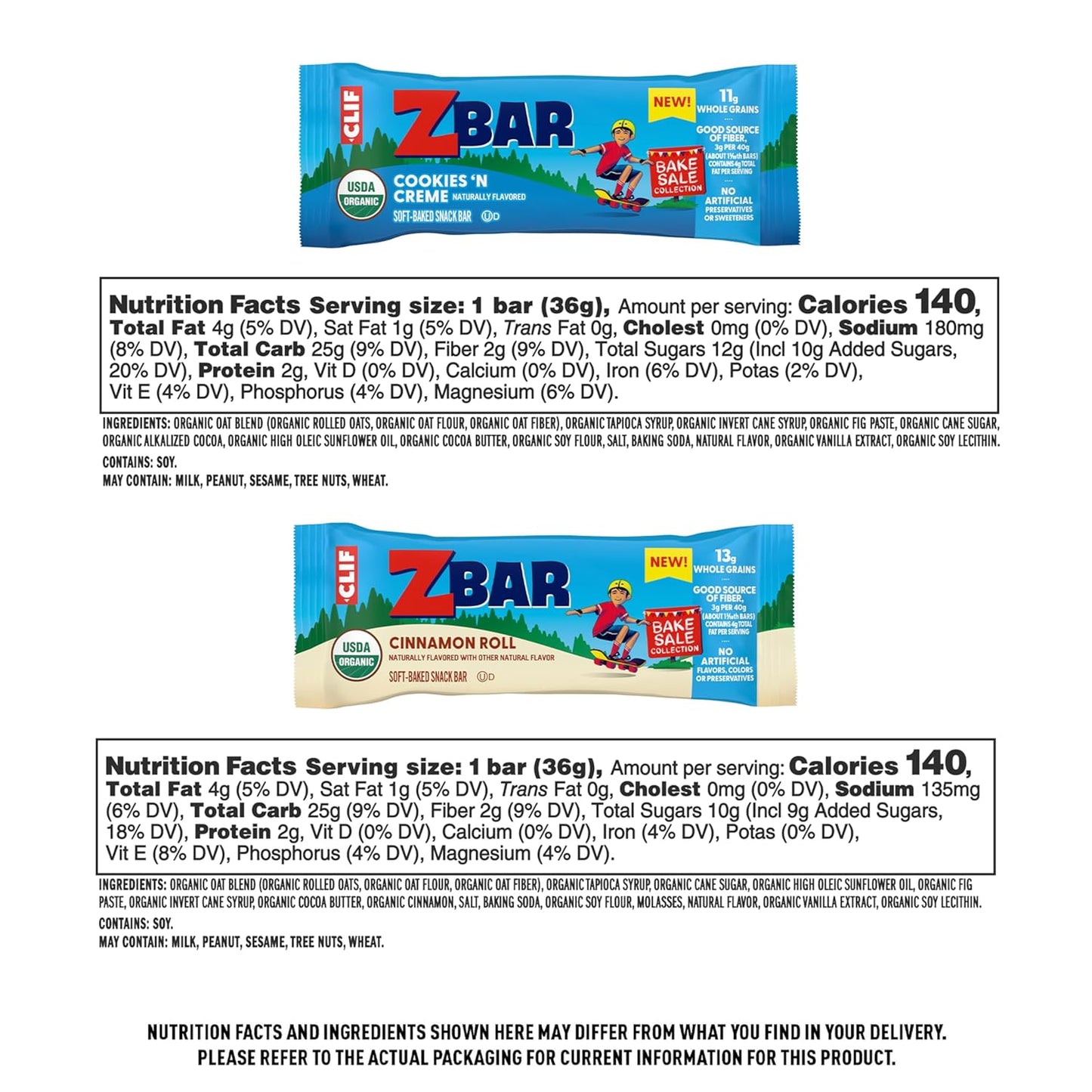 Zbar - Bake Sale Collection - Cookies 'N Creme and Cinnamon Roll Flavor - Soft Baked Snack Bars Variety Pack - Non-GMO - Whole Grains - USDA Organic Granola Bars, School Snacks (24 Pack)
