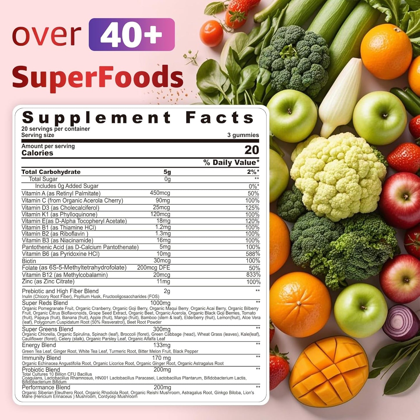 Super Reds Gummies, Fruit and Veggie Supplement w/40+ Superfoods, Polyphenol, Fruits Berries, Super Greens, Beet Root Powder Alternative, Support Energy, Antioxidants, Gut Health, Immunity, 60Cts