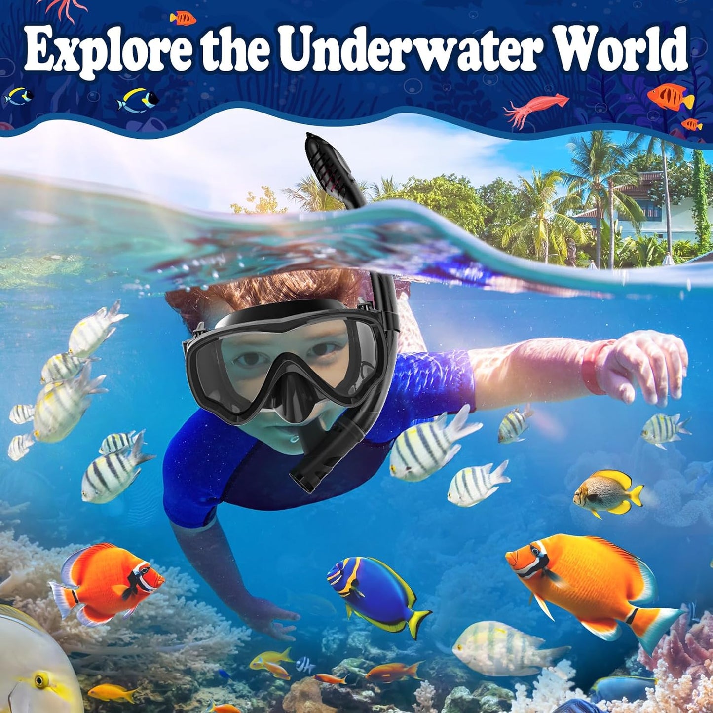 U PHITNIS Kids Snorkel Set for Age 4-14 - Dry Top Snorkeling Gear for Kids Junior & Youth - Childs Diving Mask with Big Eyes for Boys Girls - Anti-Fog Snorkeling Mask and Snorkel Set