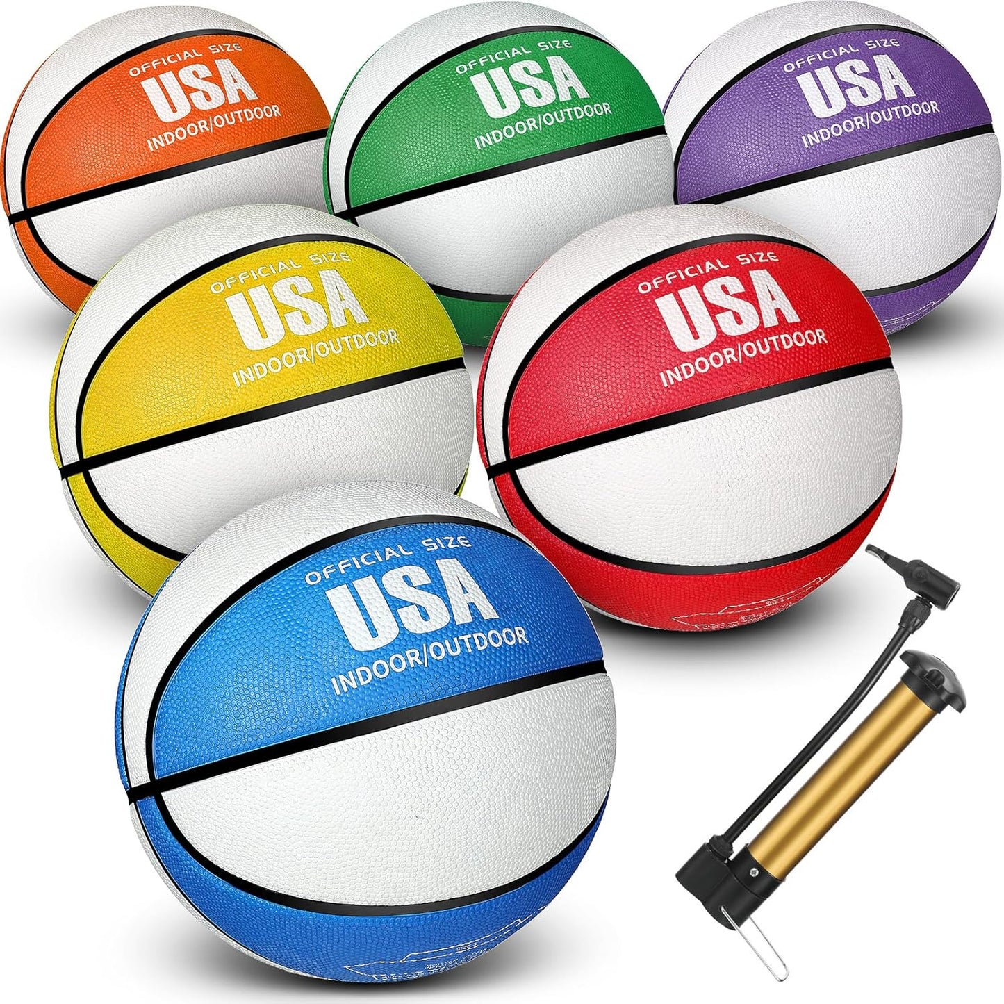 Libima 6 Pcs Official Basketball Indoor Outdoor 2 Color Printed Rubber Basketball with Pump for Game Practice Training Kids Adults Back to School