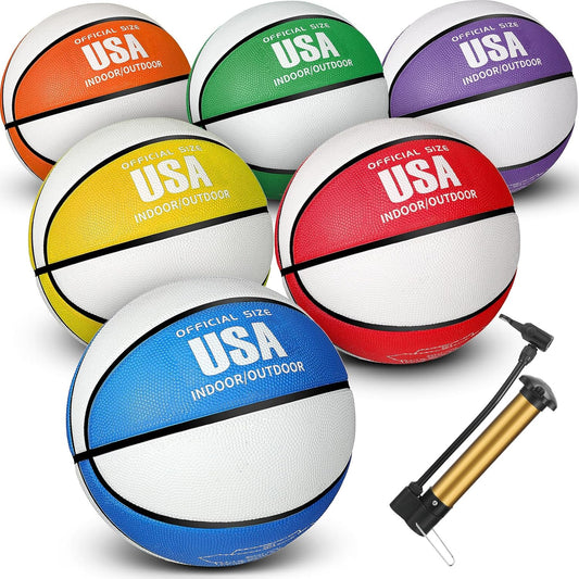 Libima 6 Pcs Official Basketball Indoor Outdoor 2 Color Printed Rubber Basketball with Pump for Game Practice Training Kids Adults Back to School