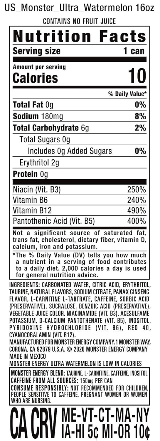 Monster Energy Ultra Watermelon, Sugar Free Energy Drink, 16 Ounce (Pack of 24)