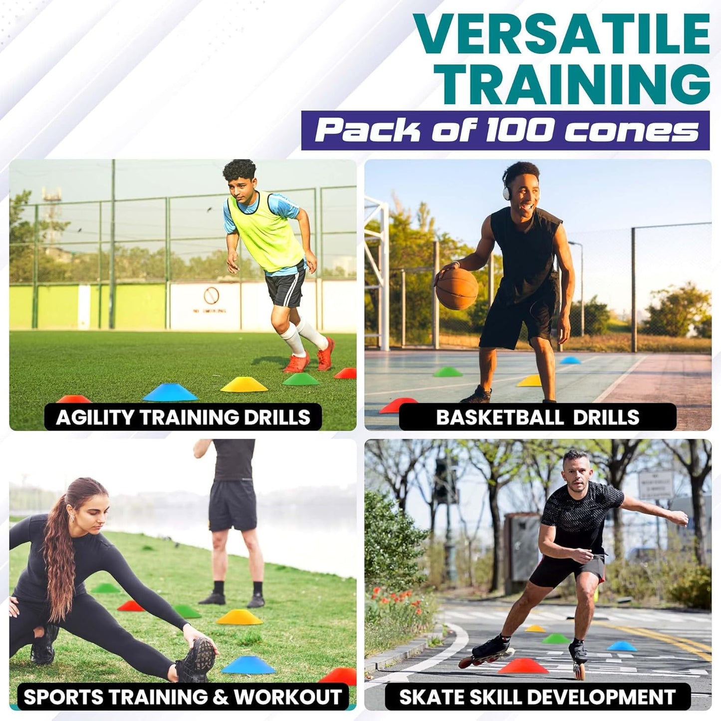 Training Soccer Cones 25/50/100 Pack with Carry Bag & Holder – 5 Colors – Agility Disc Cones Set Sports Practice Equipment for Soccer, Football, Basketball, Coaching & Speed