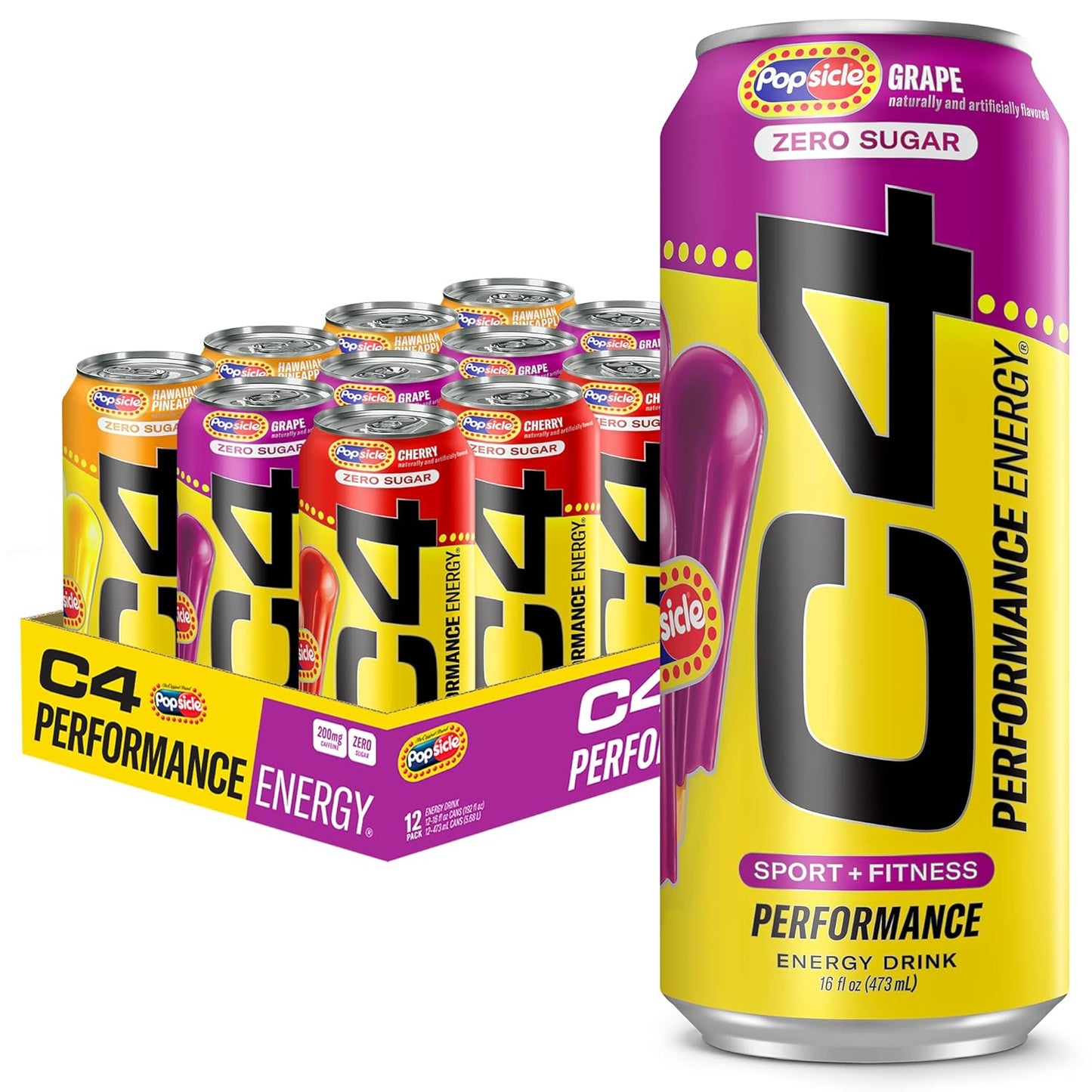 C4 Energy Drink x Popsicle Variety Pack, Carbonated Sugar Free Pre Workout Performance Drink with no Artificial Colors or Dyes, 3 Flavors - Grape, Hawaiian Pineapple, and Cherry, 16 Oz, Pack of 12