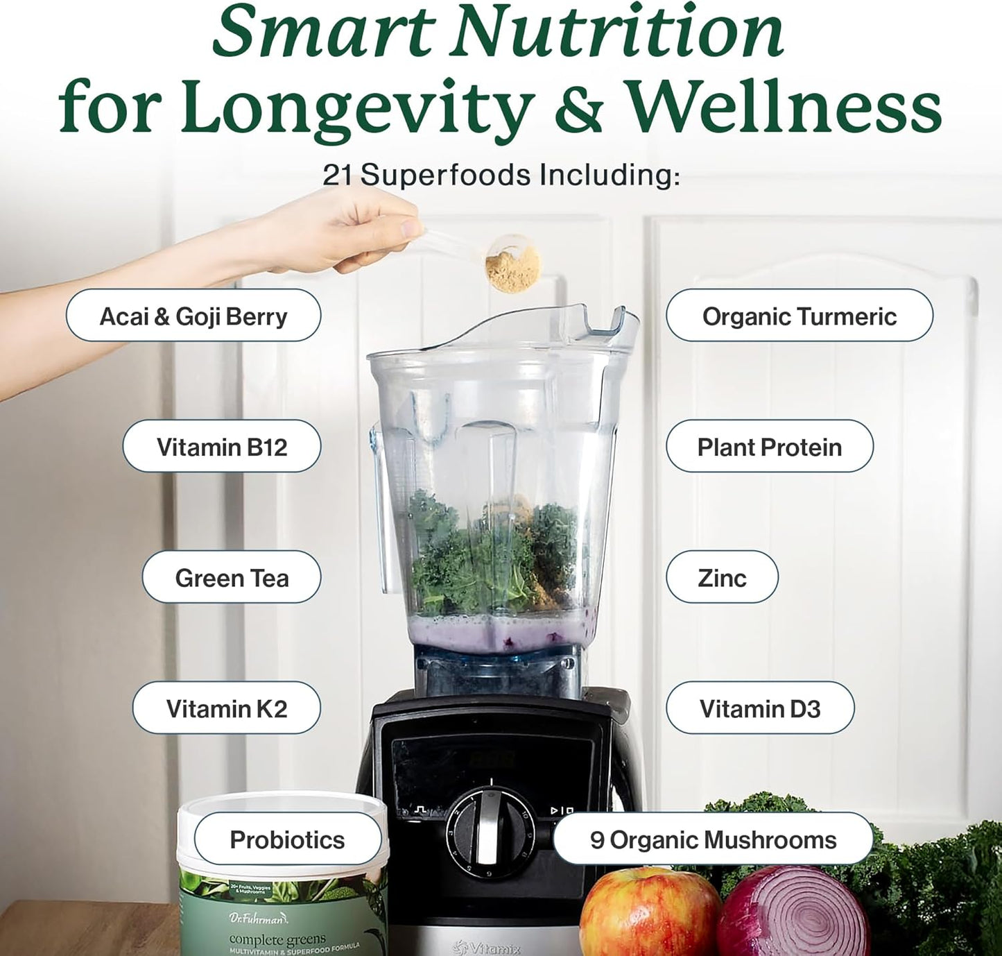 Dr. Fuhrman Whole Food Greens Powder | Premium Greens Superfood Powder Multivitamin | Plant Based Protein for Immune Support & Gut Health | Organic Mushrooms, Greens, & Turmeric | Vitamin B12, D3, K2