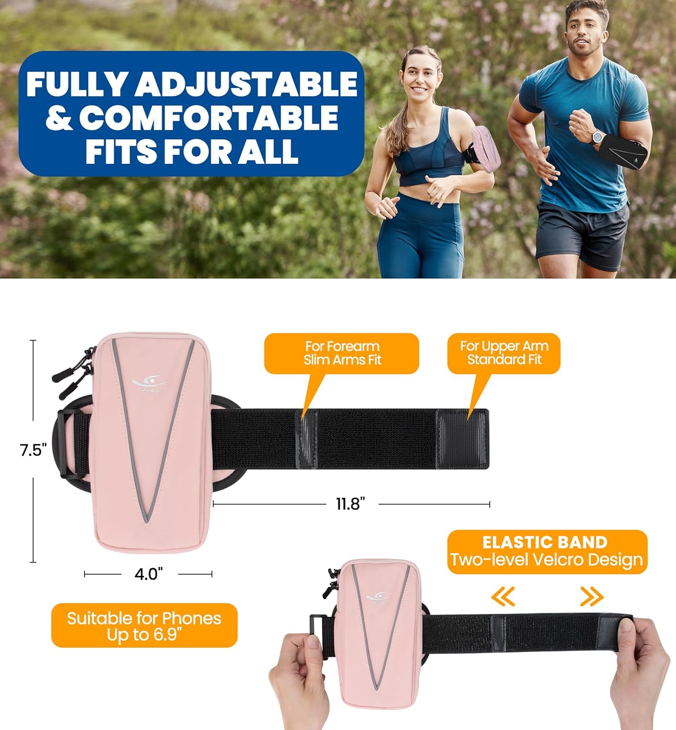 HiRui Cell Phone Holder Arm Bag & Wrist Bag for Phone, Sports Running Armband for Gym & Cycling, Compatible with iPhone 16/16Pro/Plus/15/14 Samsung Galaxy All Phones, Reflective & Adjustable (Pink)