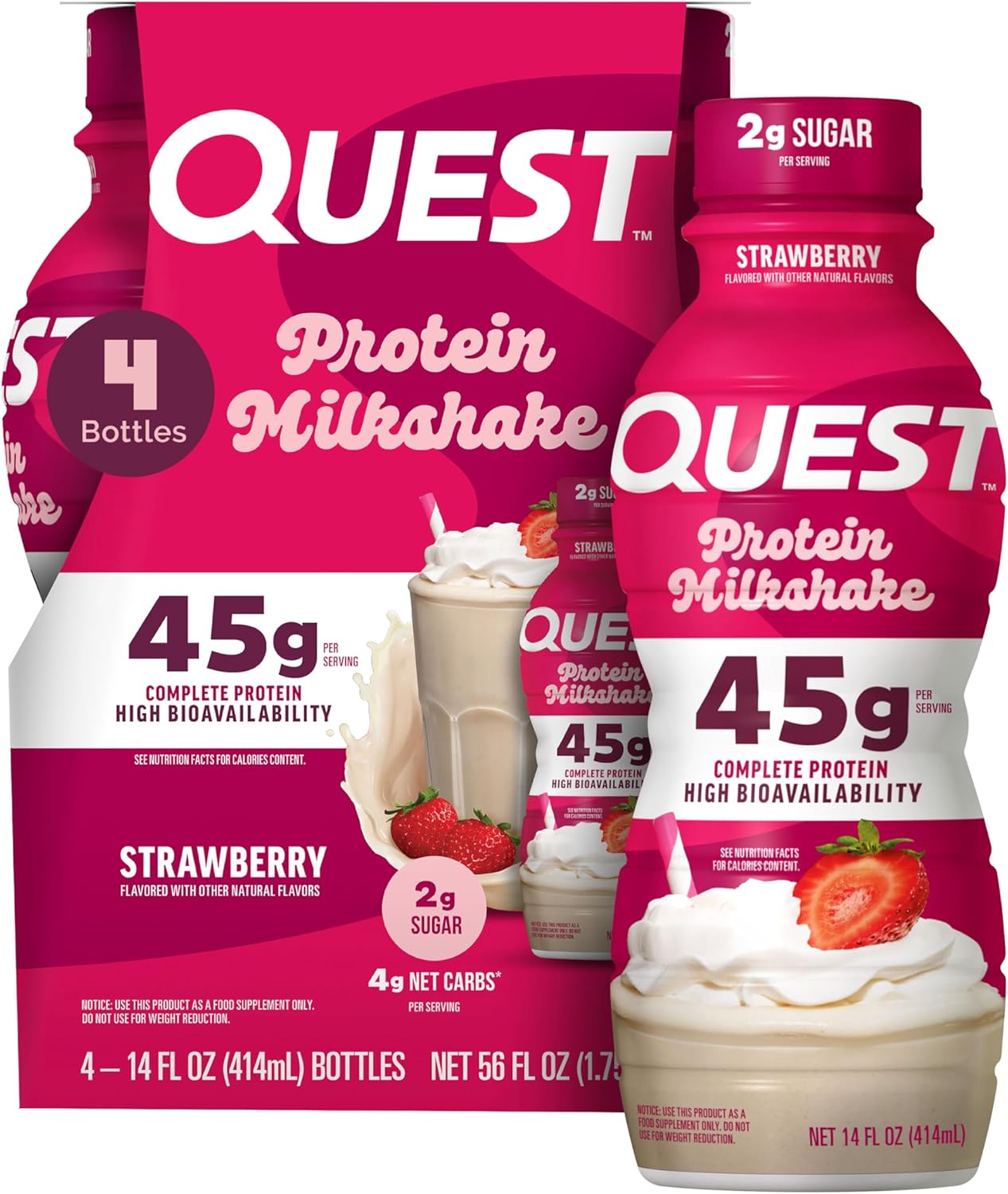 Quest Nutrition Strawberry Protein Shake, 45g Protein, 2g Sugar, 4g Net Carbs, Ready to Drink, Gluten Free, 4 Count