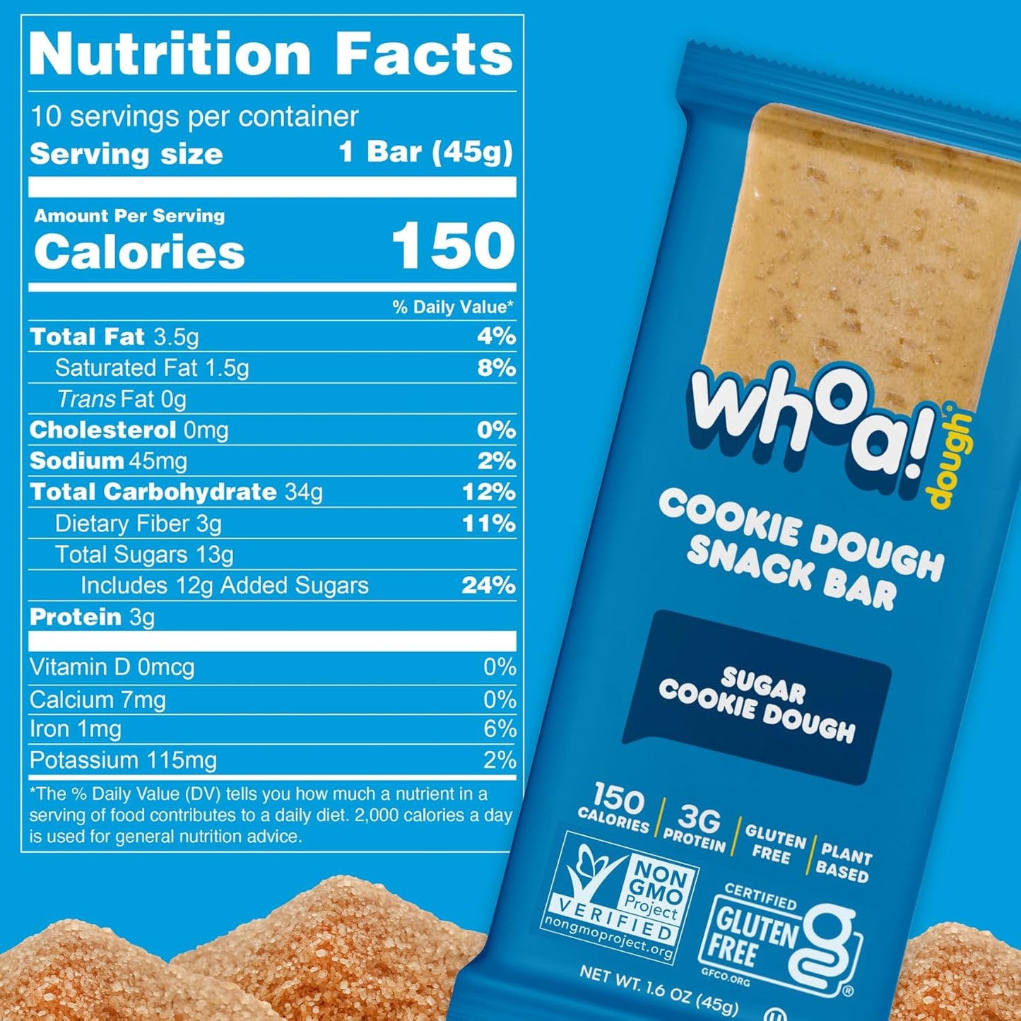 Whoa Dough Edible Cookie Dough Bars- Certified Non-GMO, Kosher and Gluten Free Bars - Healthy Snack Foods - Plant Based Snacks Made With Real Ingredients - Sugar Cookie Dough - 10 Pack