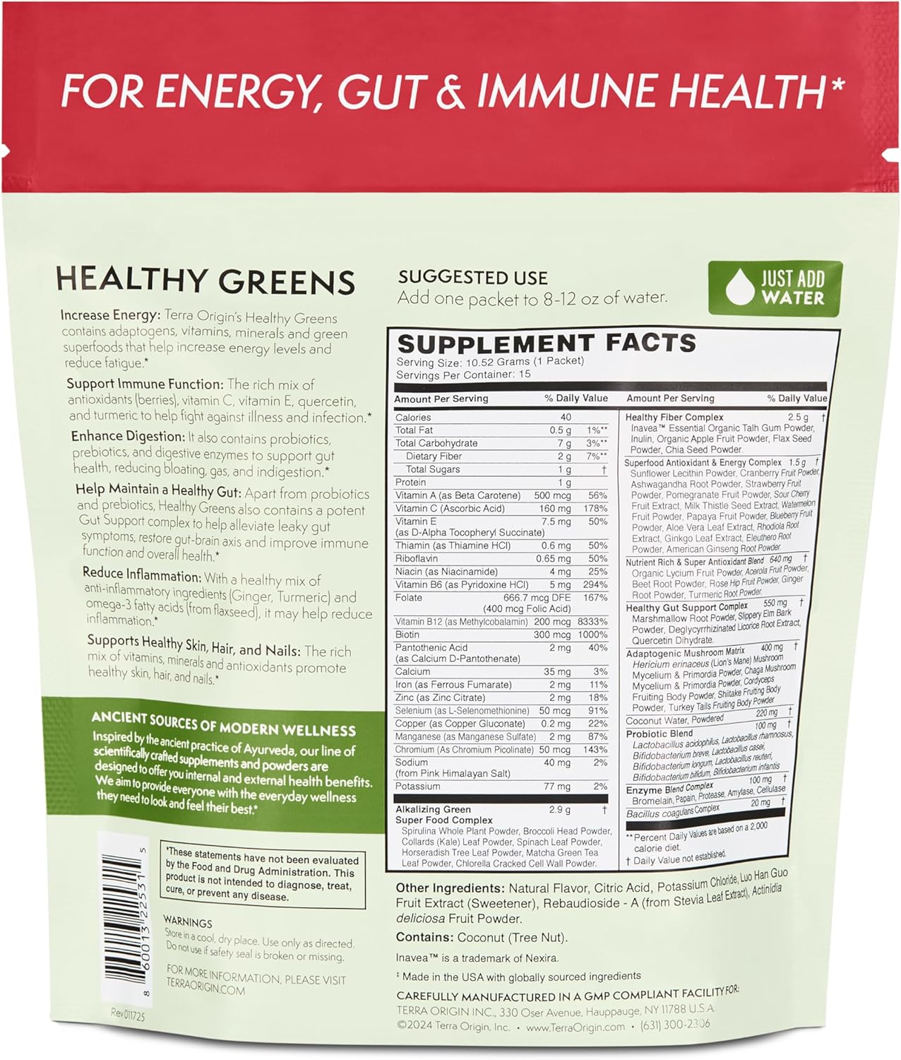 TERRA ORIGIN Greens Powder Packets | 74+ Vitamin and Superfoods | Supports Gut Health, Bloating, and Energy | with Antioxidant, Digestive Enzymes, Adaptogens | Kiwi Strawberry (15 Packets)