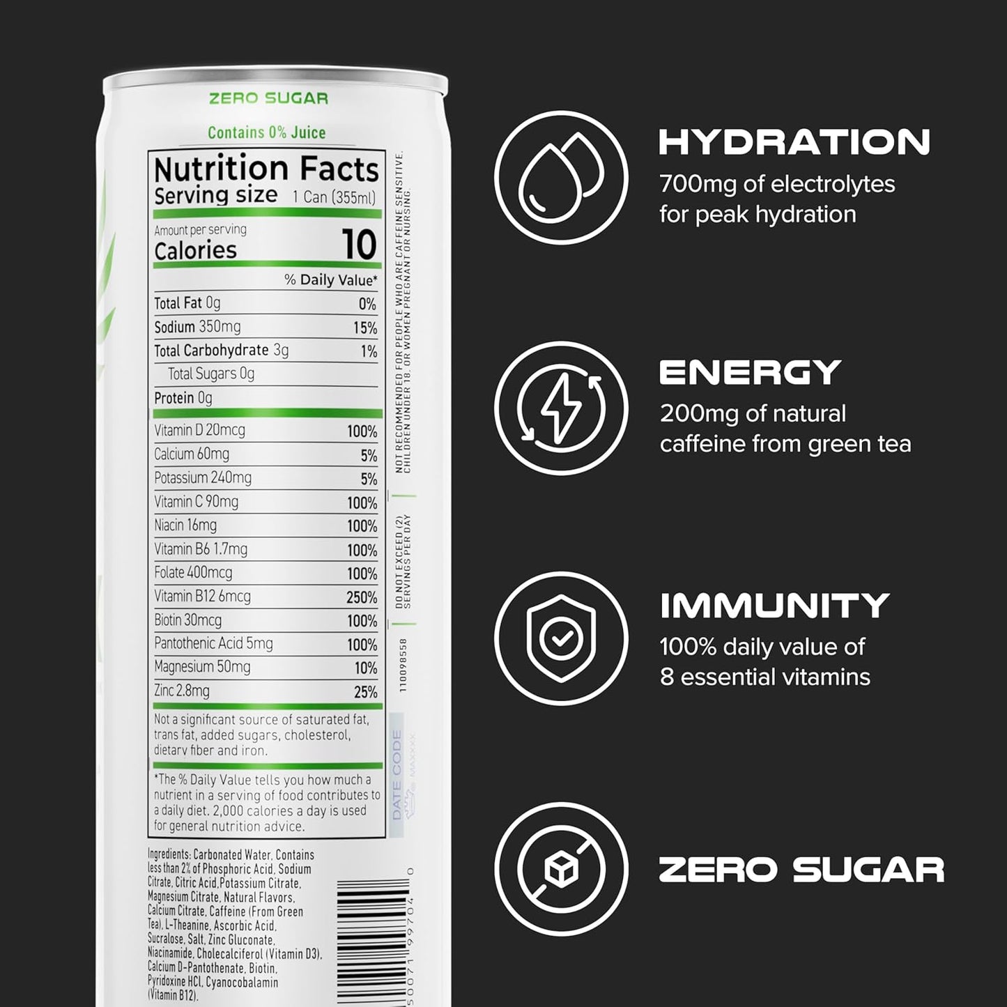 PHX Hydration Energy Drink - 700mg Electrolytes, 200mg Natural Green Tea Caffeine, 100% Daily Value 8 Essential Vitamins - 12 oz Cans (12 Pack) (12 Pack, Lemon Lime)