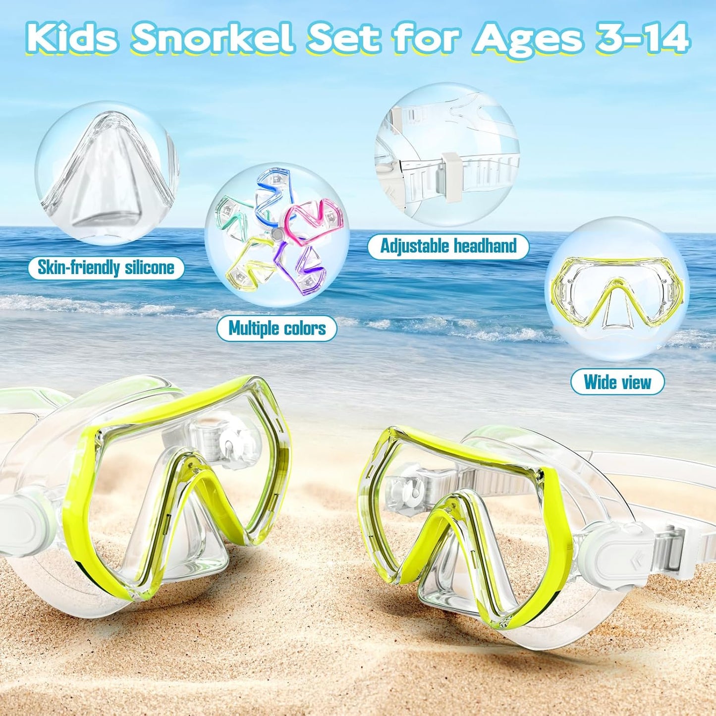 Snorkeling Gear for Kids, Kids Snorkel Set for Ages 3-14, Anti-Fog Diving Mask and Dry Top Snorkel Combo Set, Unisex Swimming Goggles