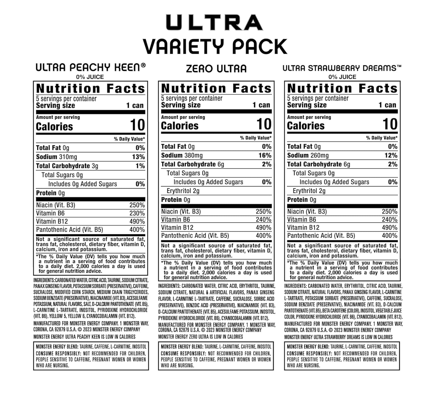 Monster Energy Ultra Variety Pack, Zero Ultra, Ultra Peachy Keen, Ultra Strawberry Dreams, Sugar Free Energy Drink, 16 Ounce (Pack of 15)