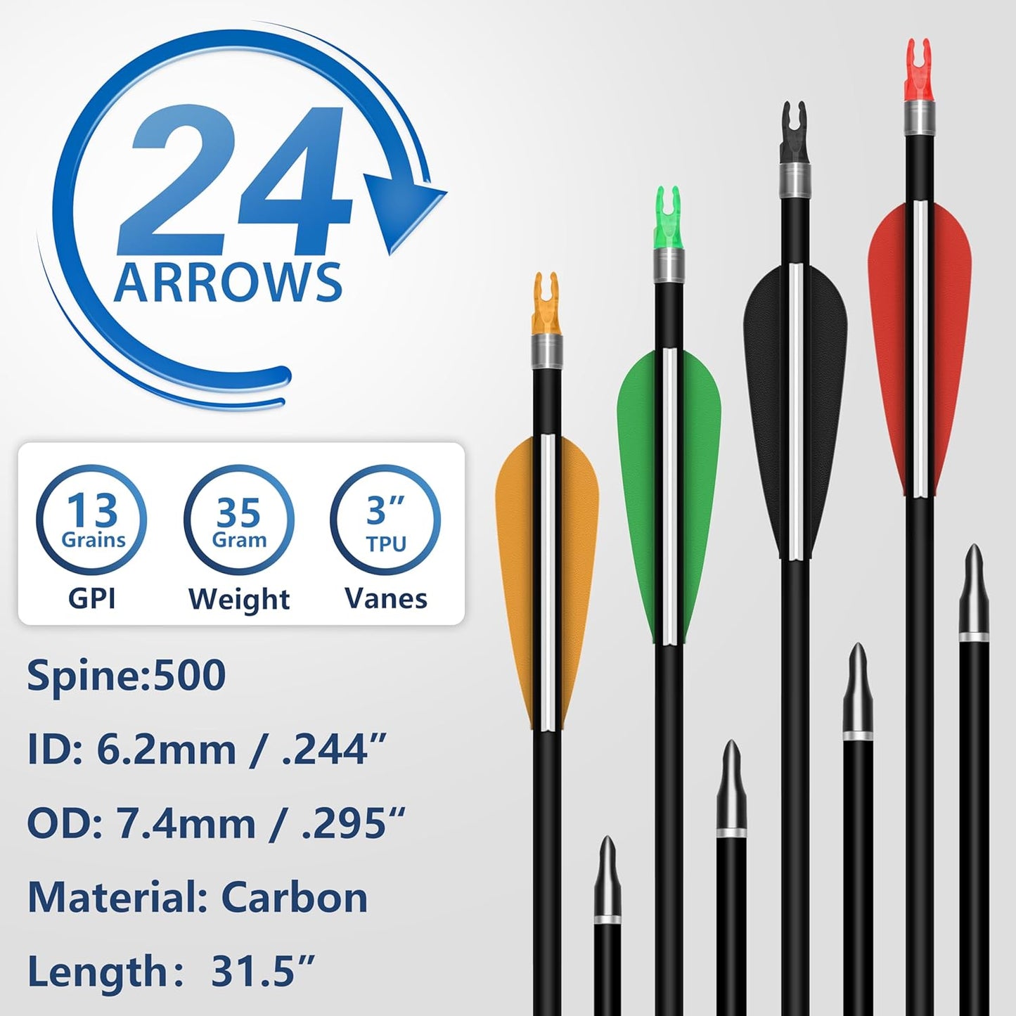 SUNYA Archery 24PCS Compound Bow Arrows for Practice. 30" Carbon Shaft, Spine 500 with Removable Tips. 4 Colors Vane Fit for Indoor and Outdoor Archery.