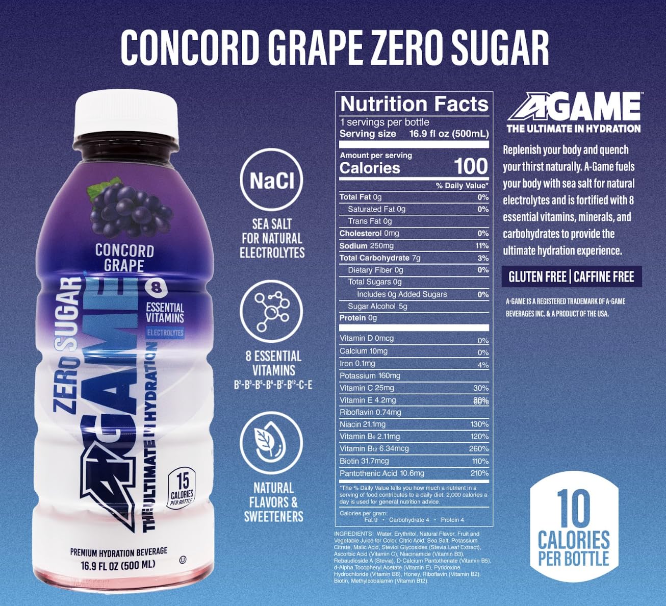 A-GAME Zero Sugar Sports Drink, Concord Grape Zero, Sugar FreNatural Flavors, Gluten Free & Keto Friendly, 16.9 Fl Oz (Pack of 12)